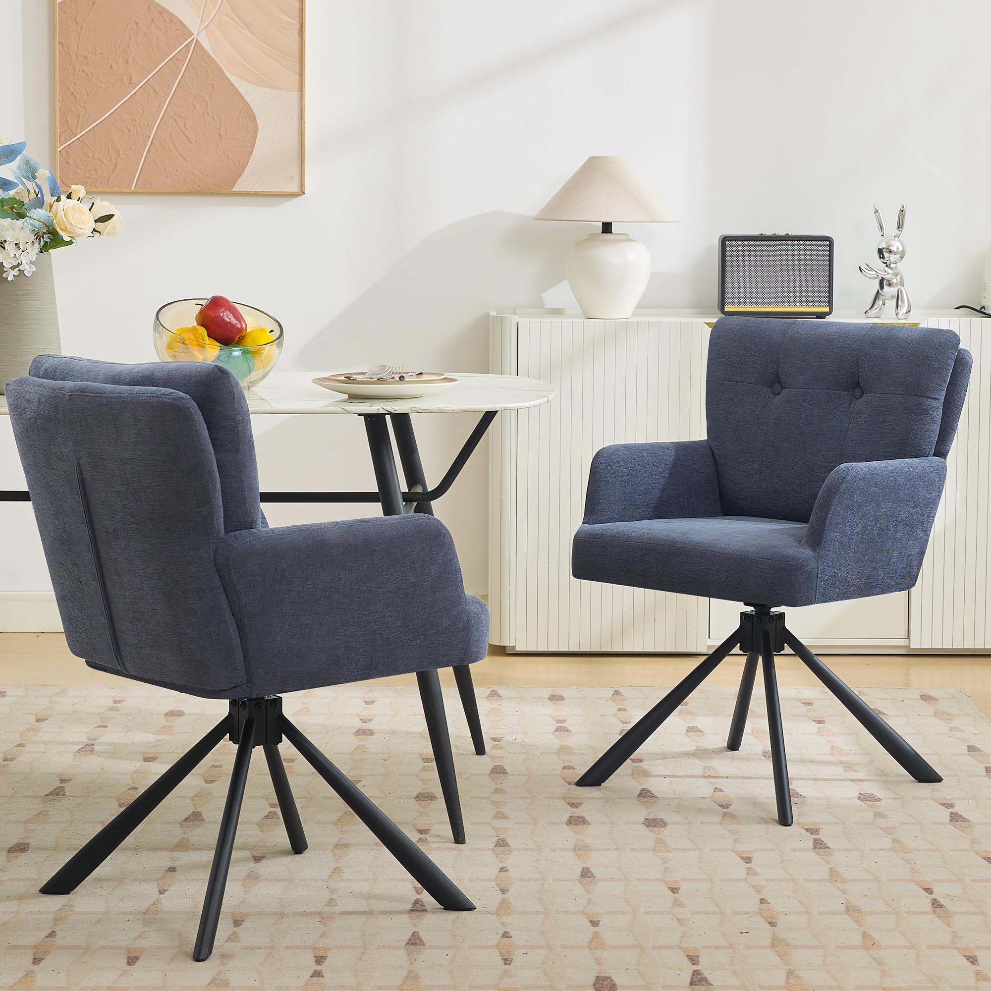 WUTUTUEE Fabric Dining Chair Modern Upholstered Swivel Dining Room Chairs Comfy Accent Armchair with Mid Back, Desk Arm Chair No Wheels for Kitchen/Living Room/Home Office, White