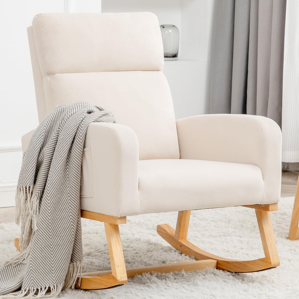 Rocking Chair Nursery - Glider Modern Accent Chairs Upholstered Linen Nursing Rocker Padded Armchair for Indoor Living Room Bedroom Beige