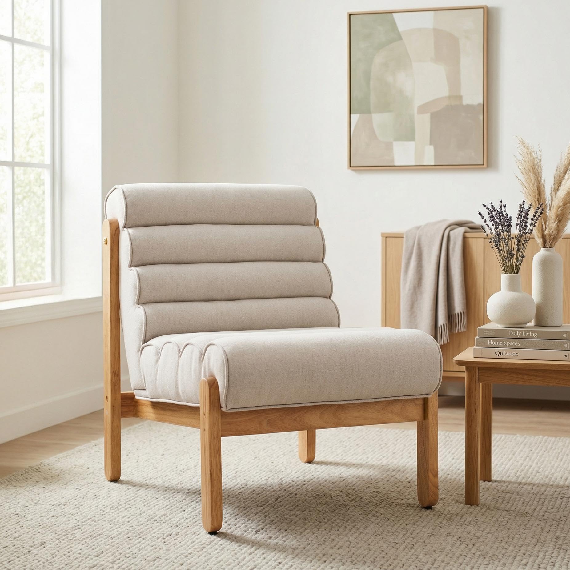 Christopher Knight Home Fluffy Low Profile Accent Chair, Modern Living Room Armless Lounge Chair, Fabric Comfy Reading Chair for Bedroom, Wooden Frame and Thick Padded Seat, White+Black