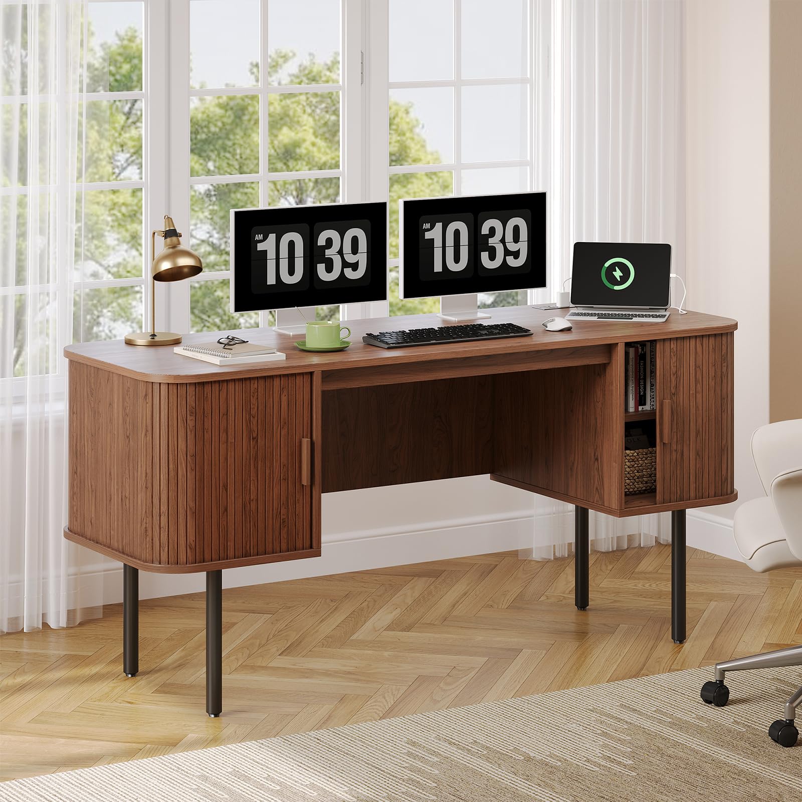 ONBRILL 55 Inch Fluted Computer Desk with Charging Station, Mid Century Executive Desk with 2 Storage Cabinets, Modern Home Office Large Desk with Metal Legs for Working, Studying, Writing, Walnut