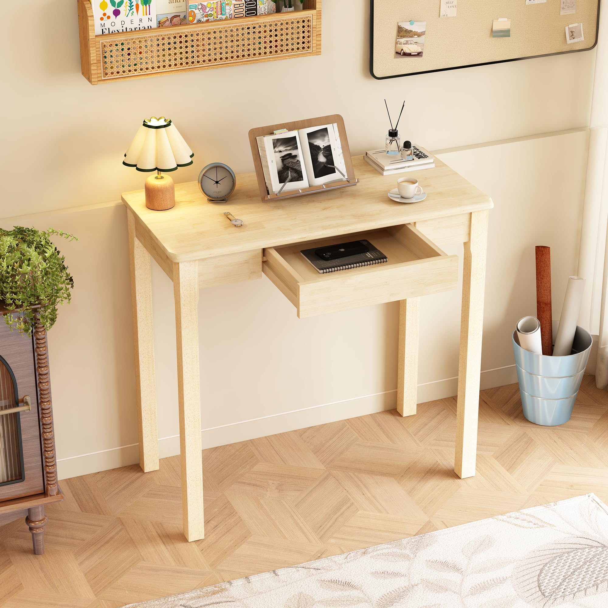 32×16 Inch Walnut Rubberwood Mid Century Narrow Desk with Drawers, Small Writing Table for Bedroom Small Spaces
