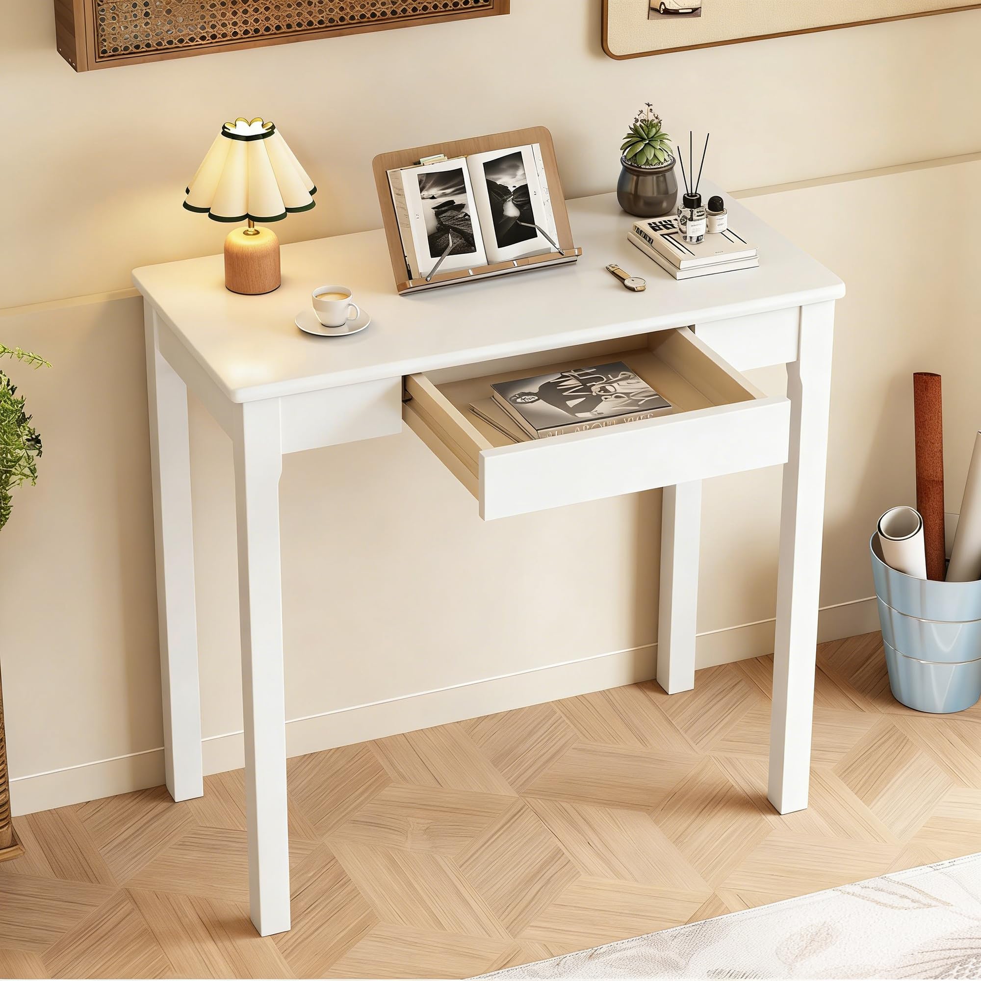 32×16 Inch Walnut Rubberwood Mid Century Narrow Desk with Drawers, Small Writing Table for Bedroom Small Spaces