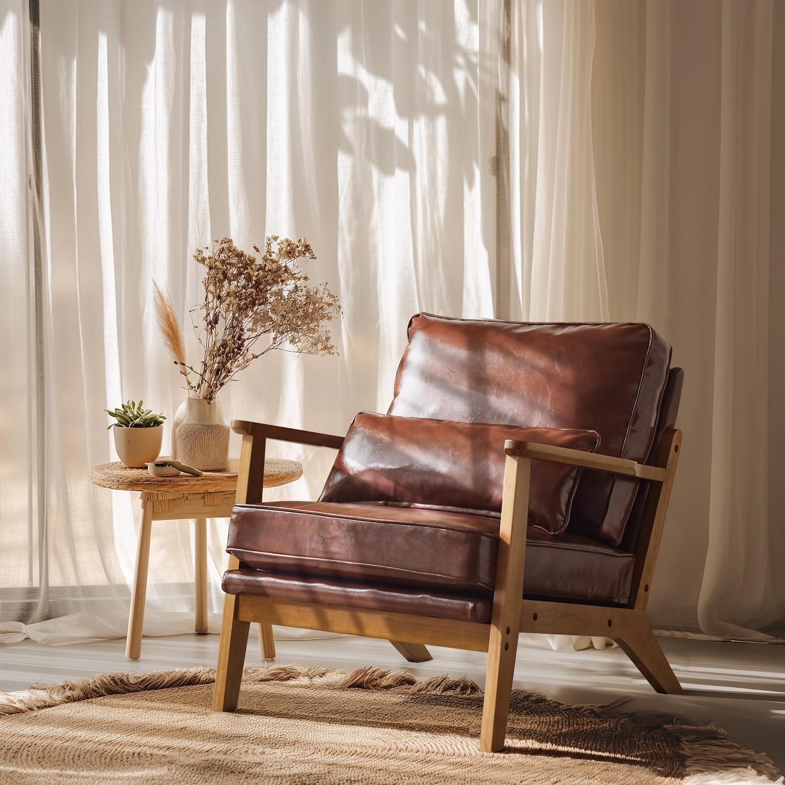 VINGLI Solid Wood Wide Armrests Accent Chair,Upholstered Mid Century Modern Chair with Pillow,Comfy Reading Chair Farmhouse Arm Chair,Chairs Living Room,Bedroom,Guest Room,Suede,Rustic