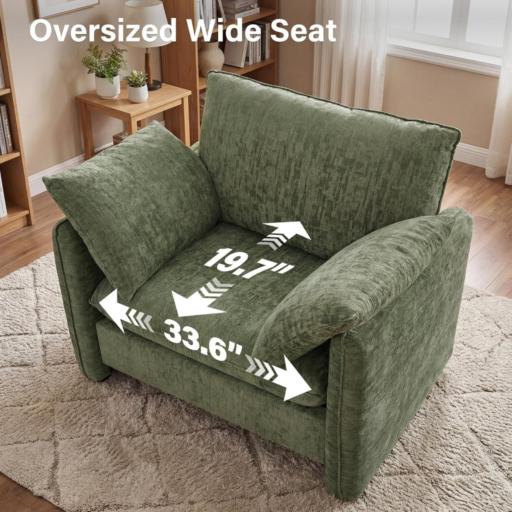 Elegant Oversized Accent Chair, 42.1" Upholstered Modern Piping Single Armchair with Ergonomic Backrest and 2 Pillows for Living Room, Bedroom, Chenille, Green