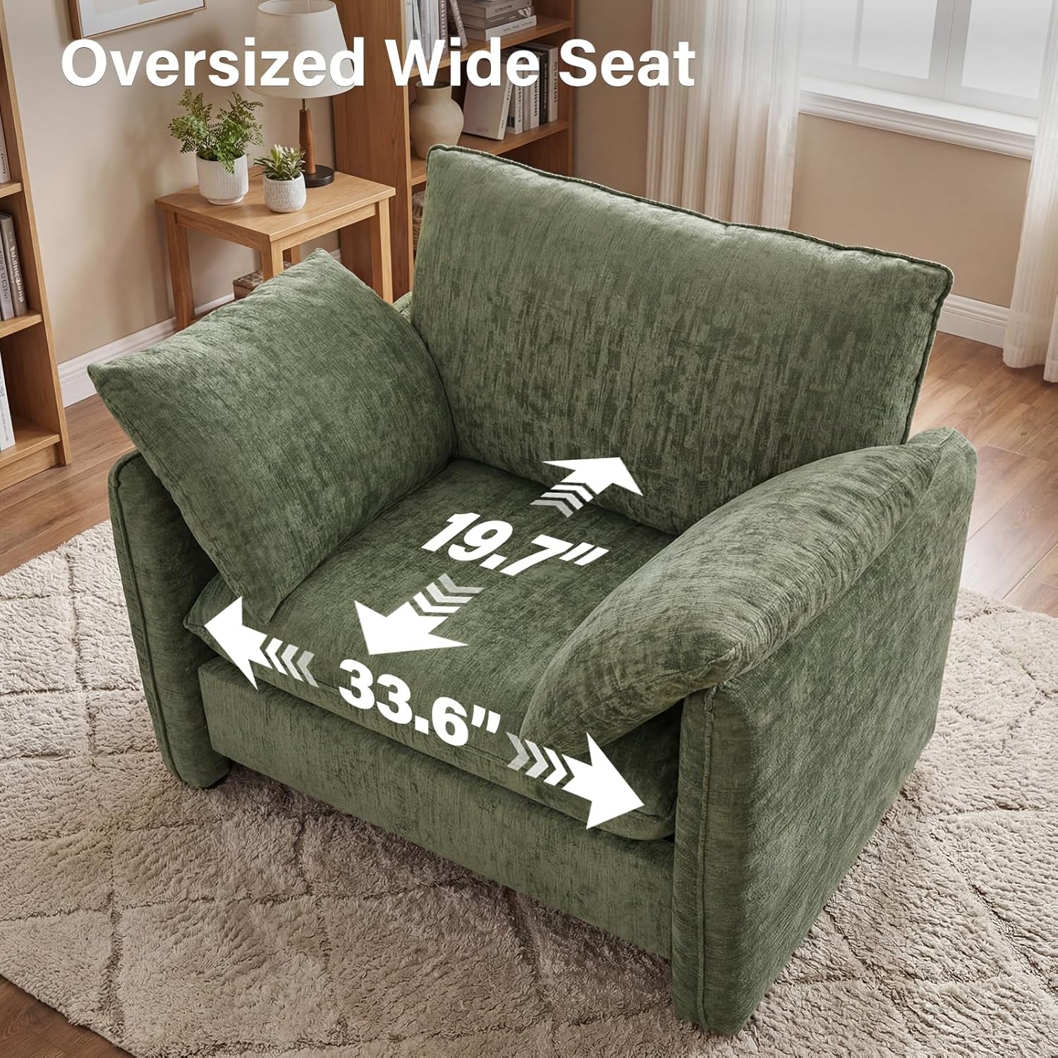 Elegant Oversized Accent Chair, 42.1" Upholstered Modern Piping Single Armchair with Ergonomic Backrest and 2 Pillows for Living Room, Bedroom, Chenille, Green