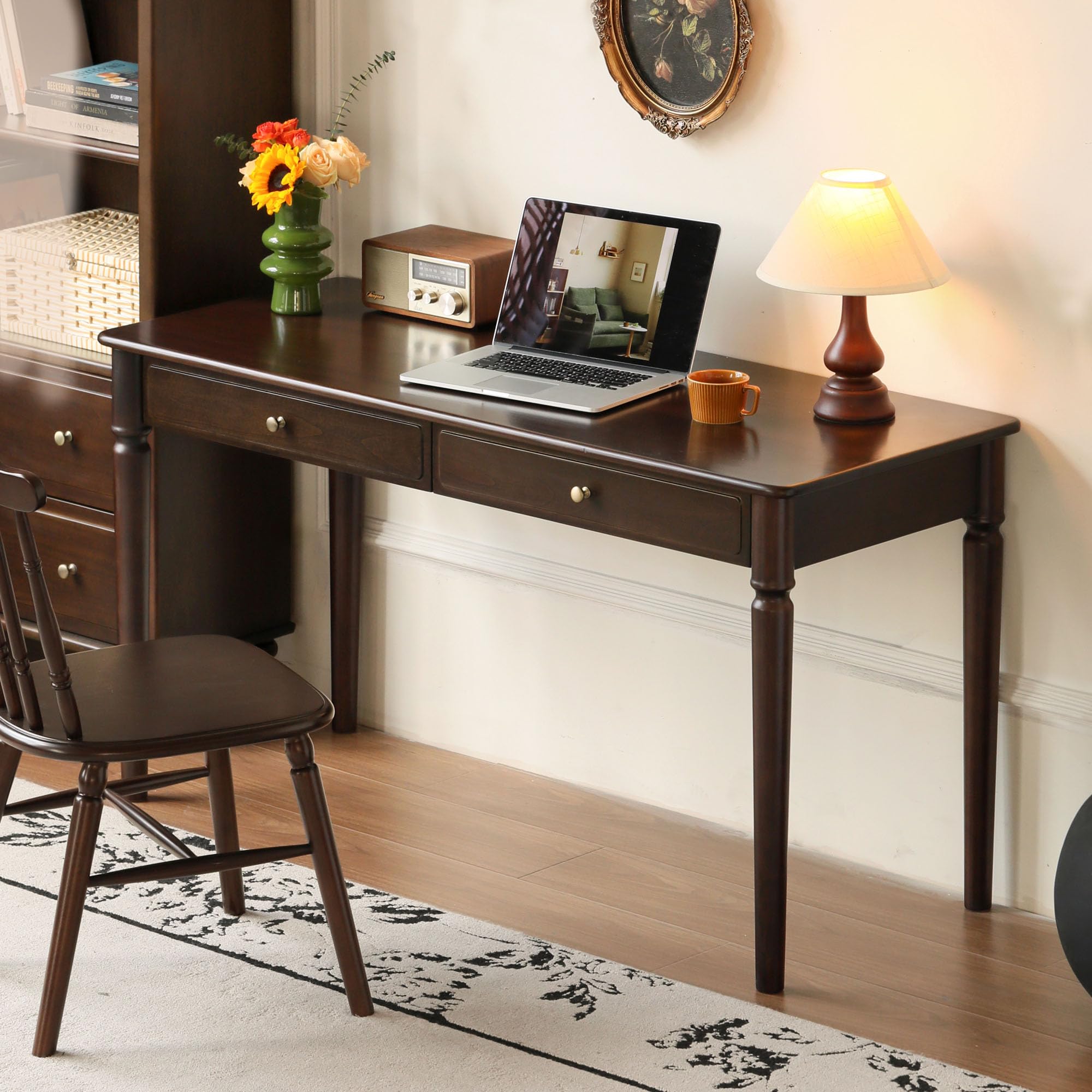 39 Inch Solid Oak Mid Century Desk with 2 Drawers, Home Office Writing Computer Table