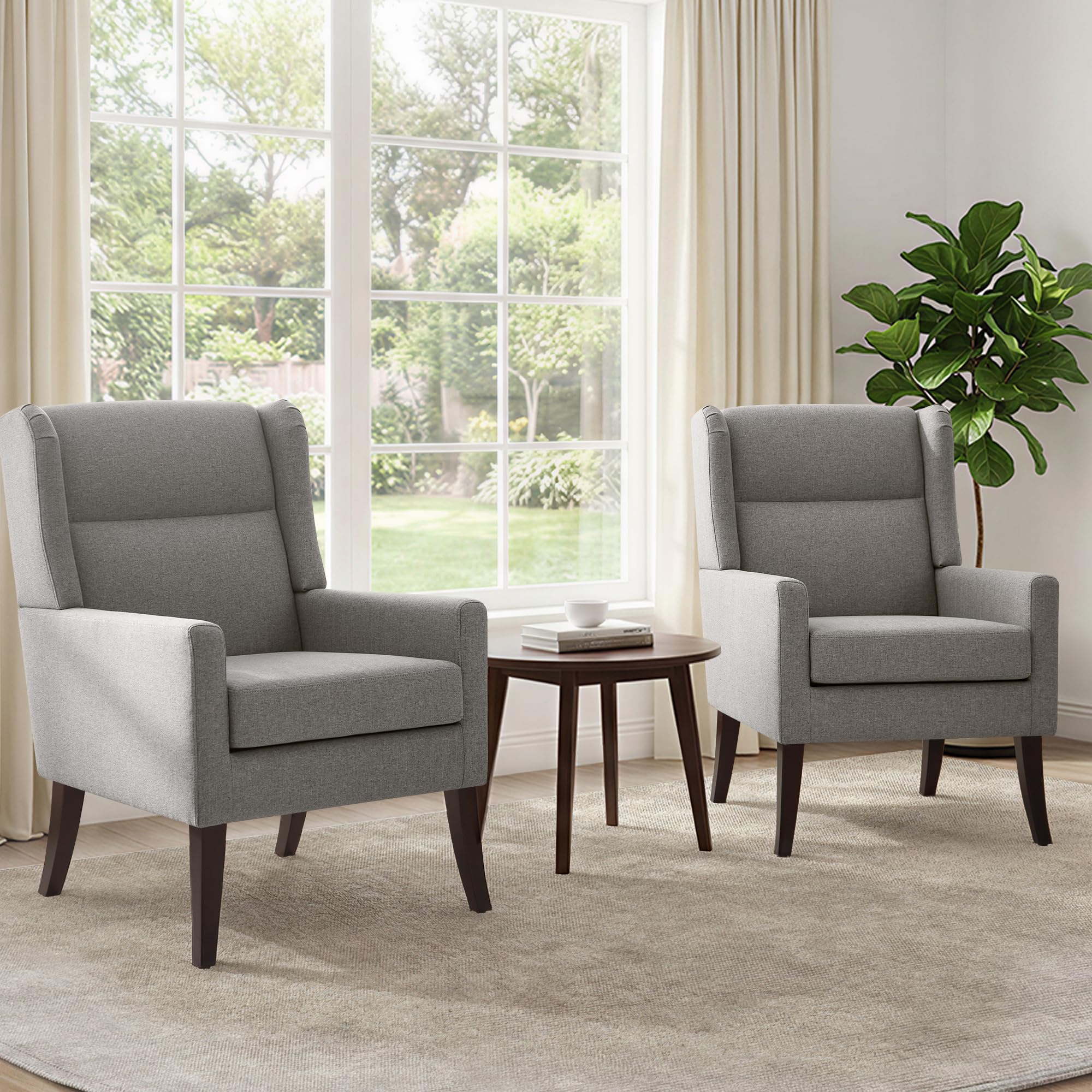 Zihanhome High Back Accent Chair, Fabric Living Room Chairs, Comfy Upholstered Armchair with Wooden Legs for Living Room, Bedroom, Apartment (1, Brown)