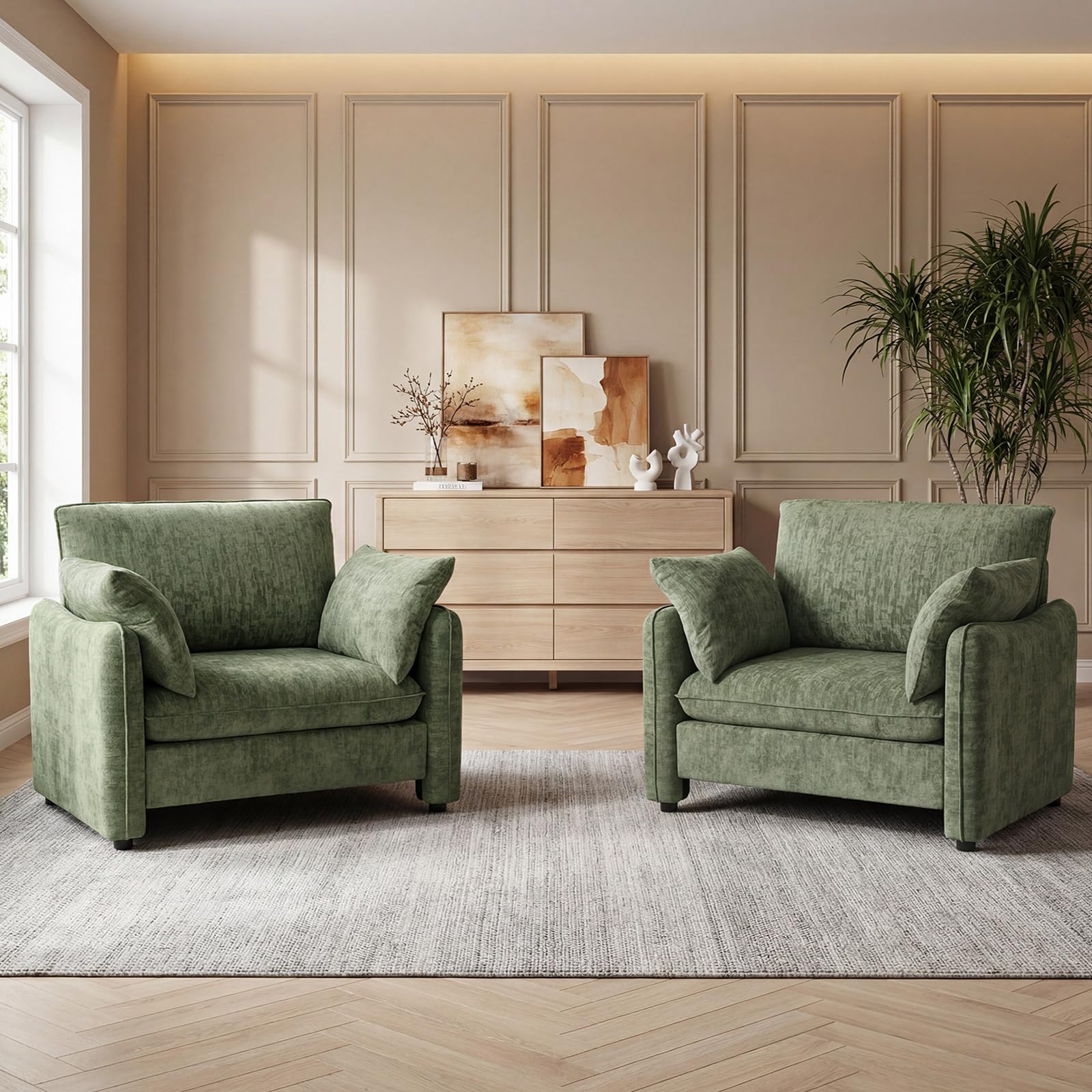 Elegant Oversized Accent Chair, 42.1" Upholstered Modern Piping Single Armchair with Ergonomic Backrest and 2 Pillows for Living Room, Bedroom, Chenille, Green