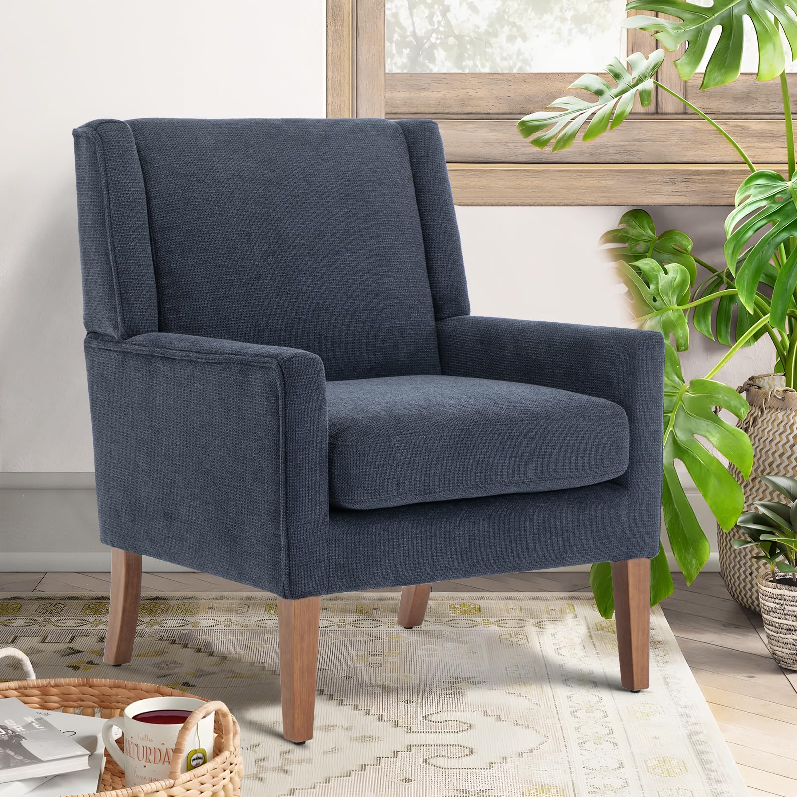 COLAMY Modern Wingback Living Room Chair, Upholstered Fabric Accent Armchair, Single Sofa Chair with Lounge Seat and Wood Legs for Office/Bedroom/Reading Spaces, Beige