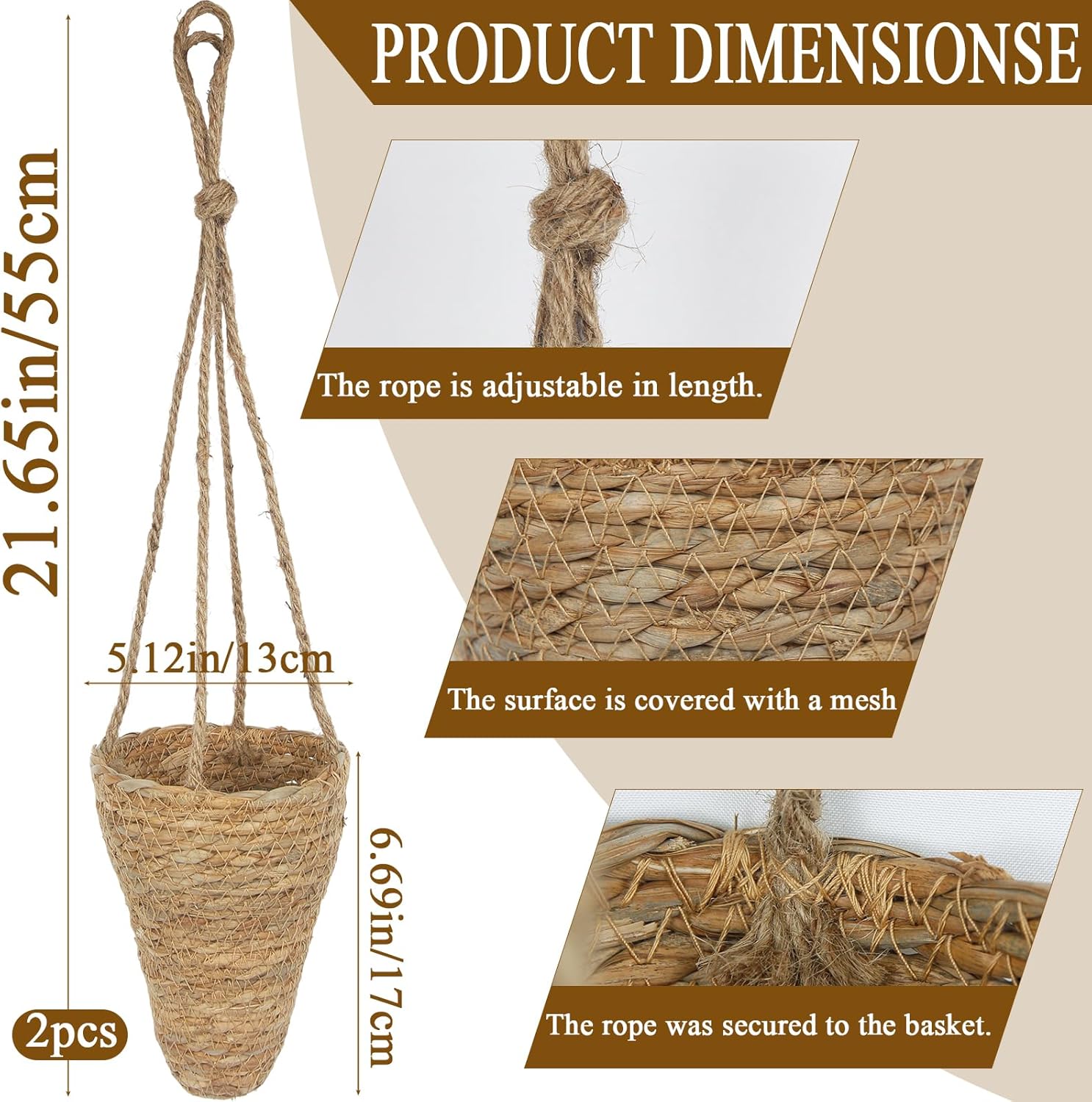 CITYES 2 Pcs Hanging Basket for Wall Conical Hanging Wicker Basket with Hemp Rope Handmade Wall Planter for Garden Home Flowers Planters Boho Decor Front Door Porch Entryway (Flowers Not Included)