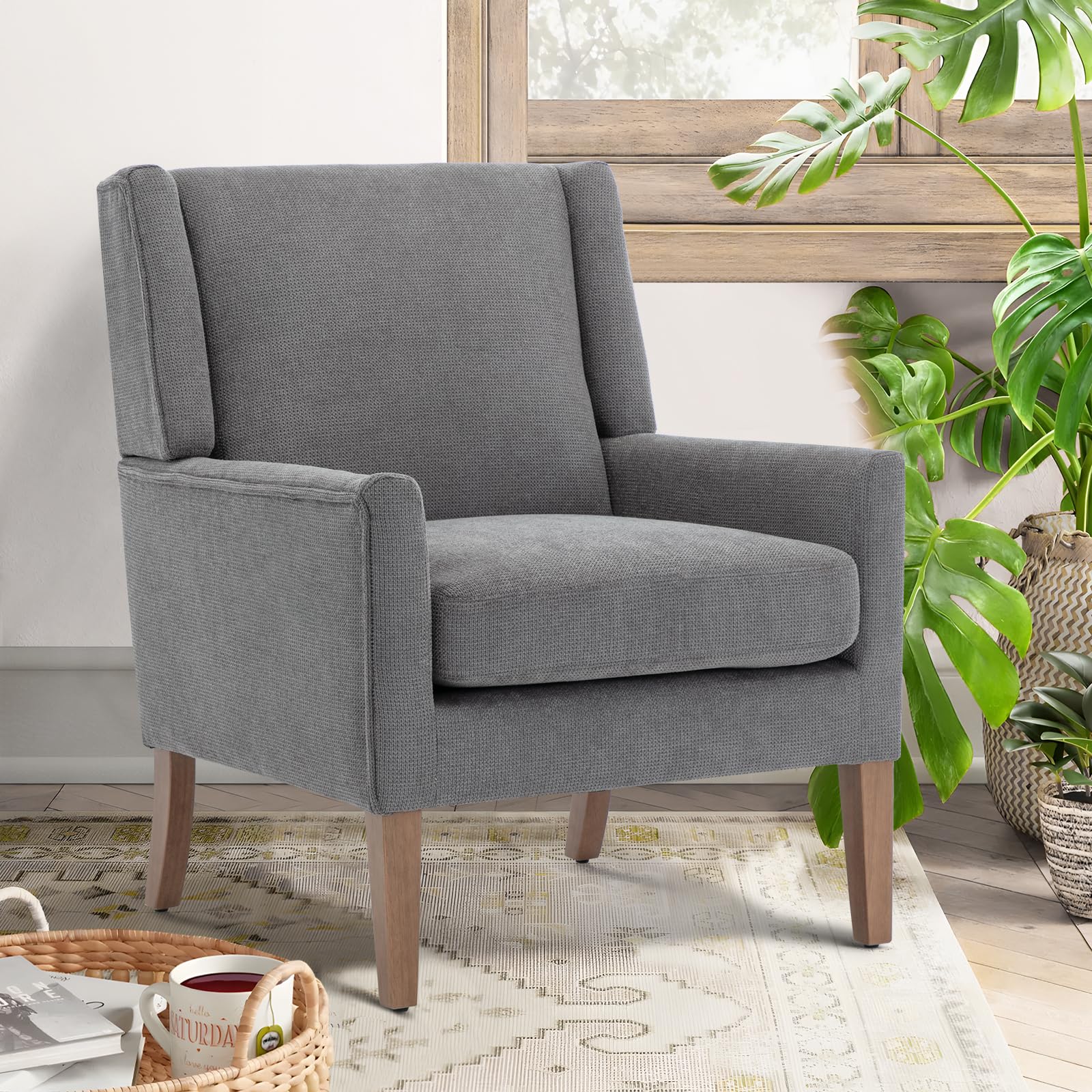 COLAMY Modern Wingback Living Room Chair, Upholstered Fabric Accent Armchair, Single Sofa Chair with Lounge Seat and Wood Legs for Office/Bedroom/Reading Spaces, Beige
