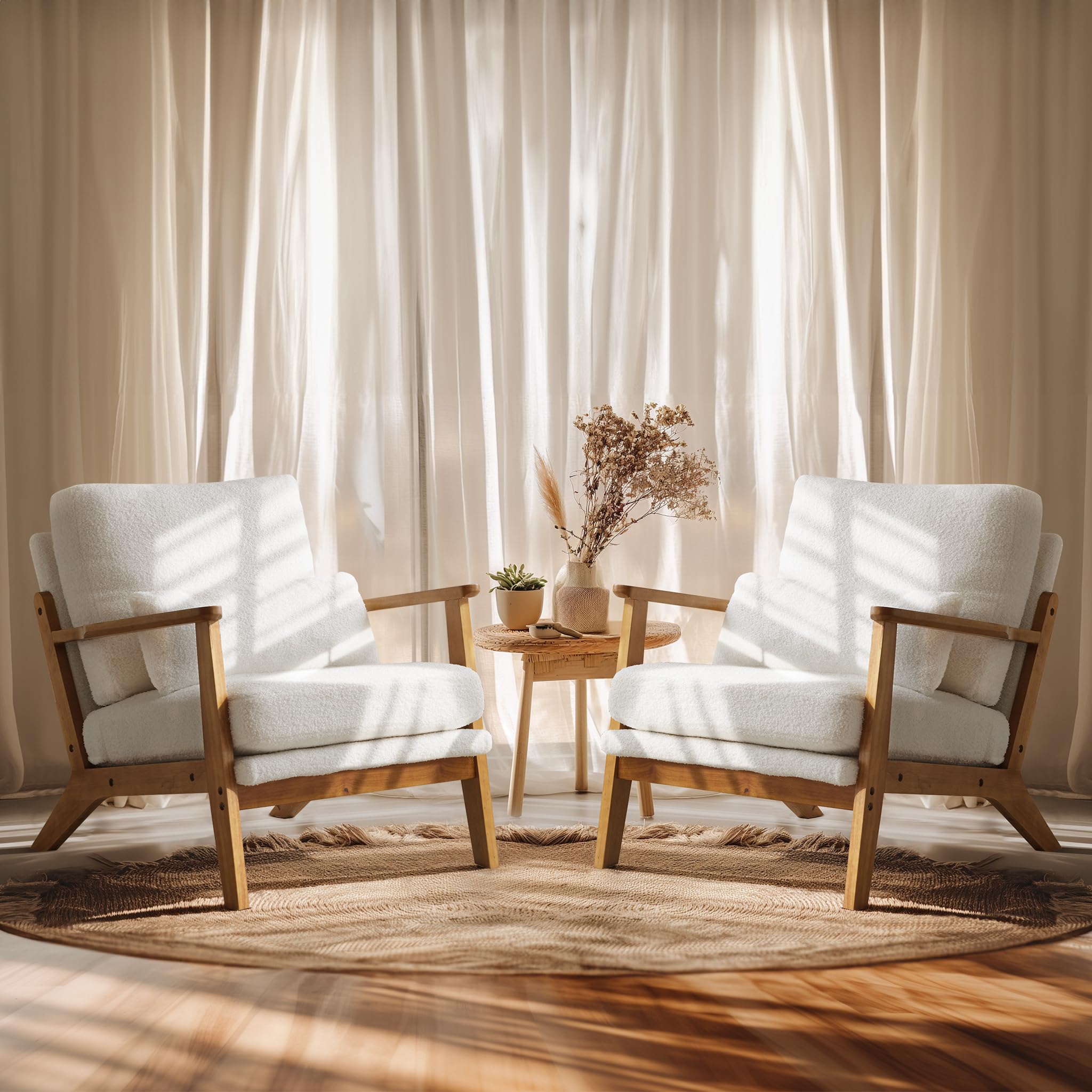 VINGLI Solid Wood Wide Armrests Accent Chair,Upholstered Mid Century Modern Chair with Pillow,Comfy Reading Chair Farmhouse Arm Chair,Chairs Living Room,Bedroom,Guest Room,Suede,Rustic