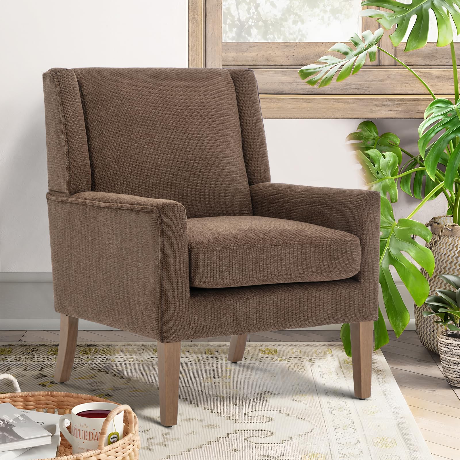 COLAMY Modern Wingback Living Room Chair, Upholstered Fabric Accent Armchair, Single Sofa Chair with Lounge Seat and Wood Legs for Office/Bedroom/Reading Spaces, Beige