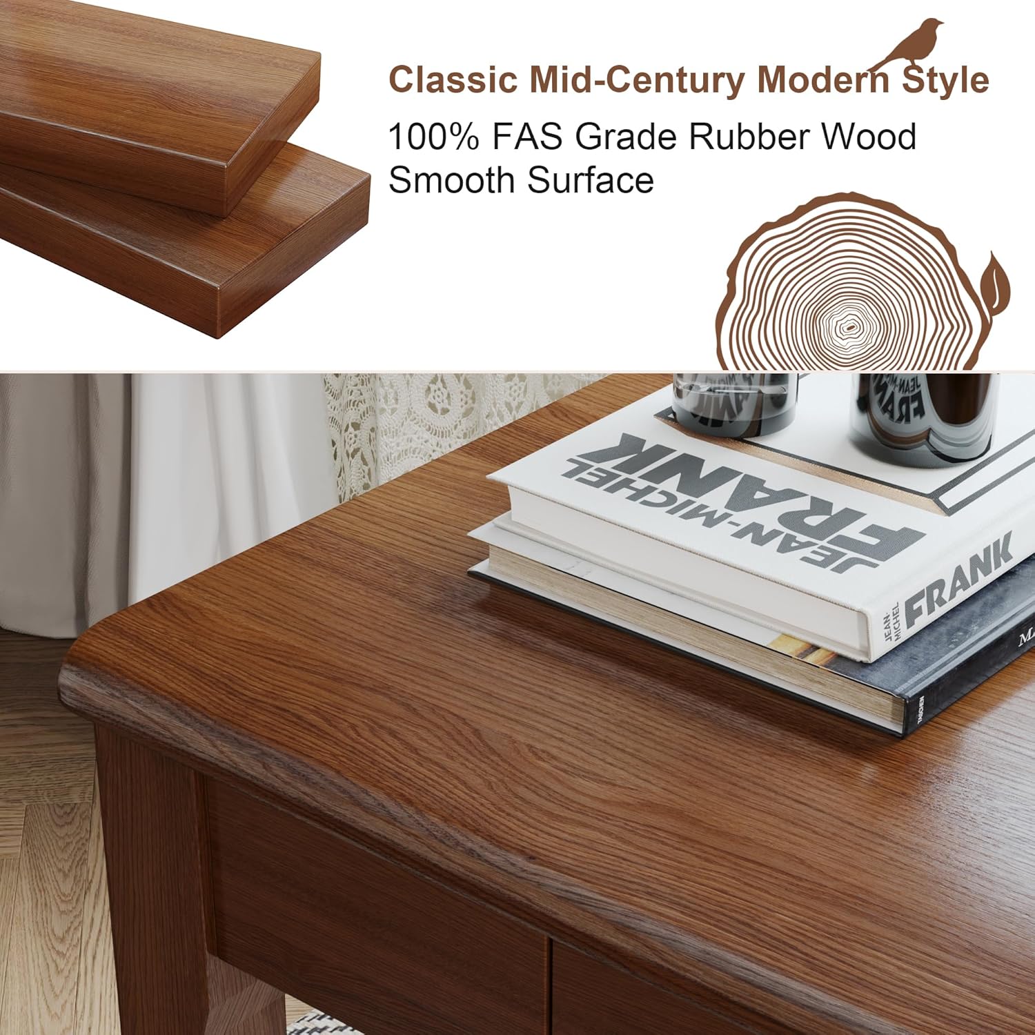 32×16 Inch Walnut Rubberwood Mid Century Narrow Desk with Drawers, Small Writing Table for Bedroom Small Spaces