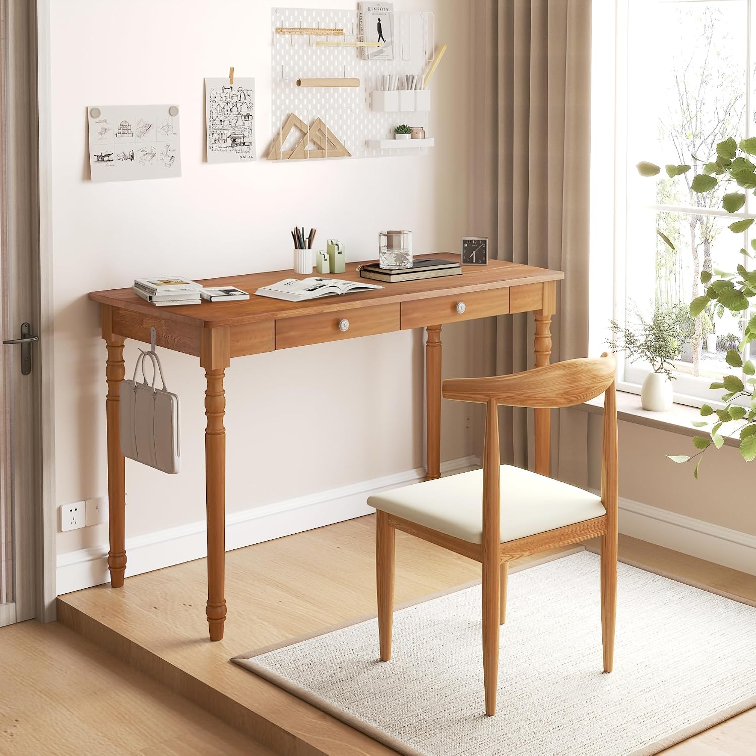 Mid Century Modern Desk, 47" Vintage Solid Wood Desk with 2 Drawers, Boho Writing Desk Computer Table for Home, Office, Bedroom, Living Room