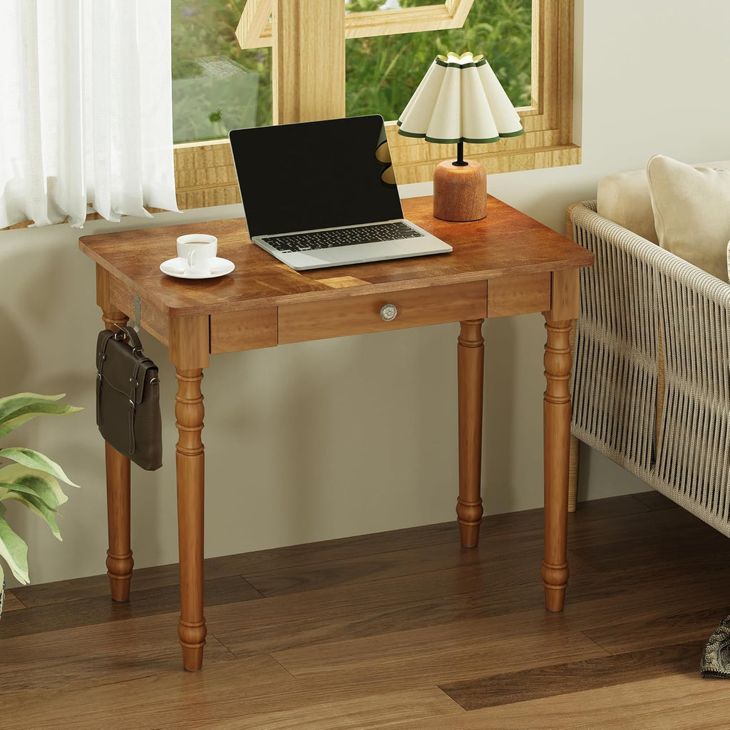 Vintage Solid Wood Writing Desk - 31.5" Mid Century Modern Desk with Drawer, Small Wooden Computer Desks for Home Office, Secretary Desks, Traditional Vanity Dressing Table for Bedroom, Walnut