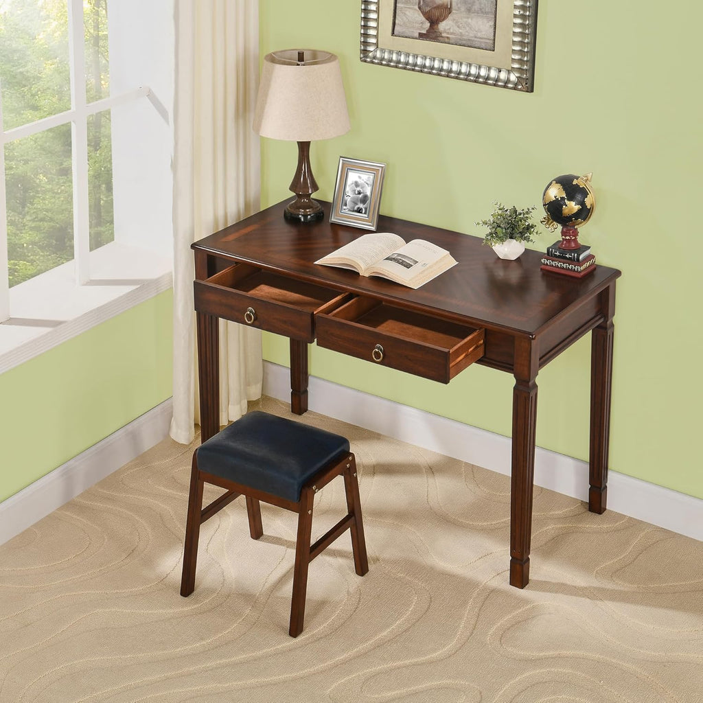 Vintage Wooden Writing Desk with 2 Drawers, Solid Computer Desk Workstation 46in Wide Study Table for Home Office, Small Secretary Table in Cherry Walnut, BSZ-D1258
