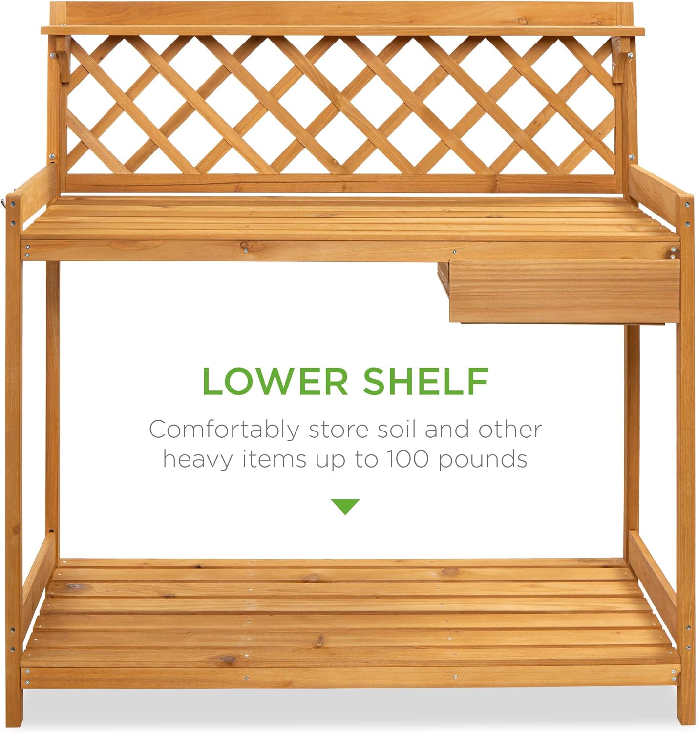 Best Choice Products Outdoor Garden Potting Bench, Wooden Workstation Table w/Cabinet Drawer, Open Shelf, Lower Storage, Lattice Back - Natural