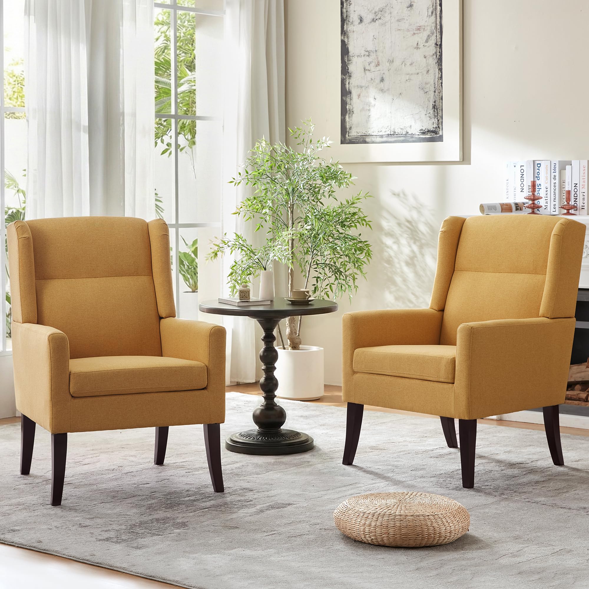 Zihanhome High Back Accent Chair, Fabric Living Room Chairs, Comfy Upholstered Armchair with Wooden Legs for Living Room, Bedroom, Apartment (1, Brown)