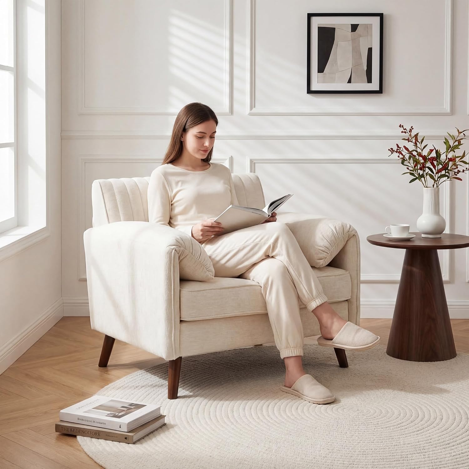 Modern Oversized Accent Chair, 43.3" Piping Single Armchair with Quilting Backrest, Padded Arms, Wood Legs for Living Room, Bedroom, Chenille, Beige