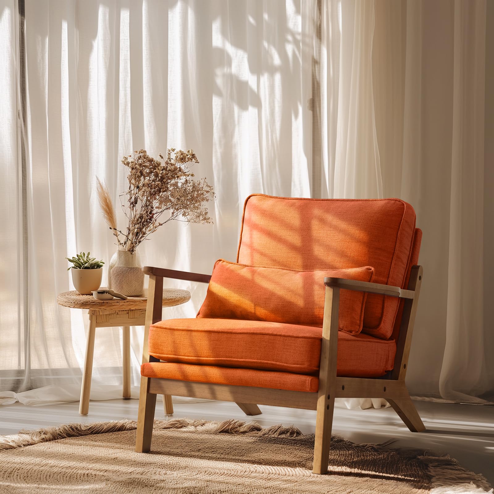 VINGLI Solid Wood Wide Armrests Accent Chair,Upholstered Mid Century Modern Chair with Pillow,Comfy Reading Chair Farmhouse Arm Chair,Chairs Living Room,Bedroom,Guest Room,Suede,Rustic