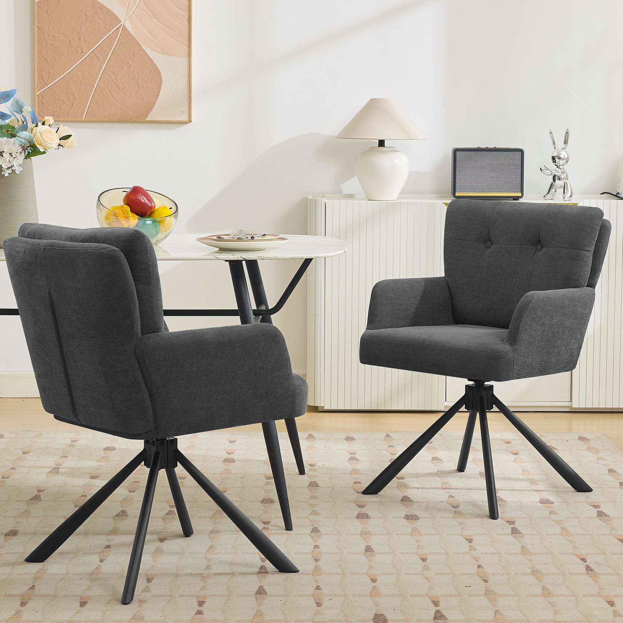 WUTUTUEE Fabric Dining Chair Modern Upholstered Swivel Dining Room Chairs Comfy Accent Armchair with Mid Back, Desk Arm Chair No Wheels for Kitchen/Living Room/Home Office, White