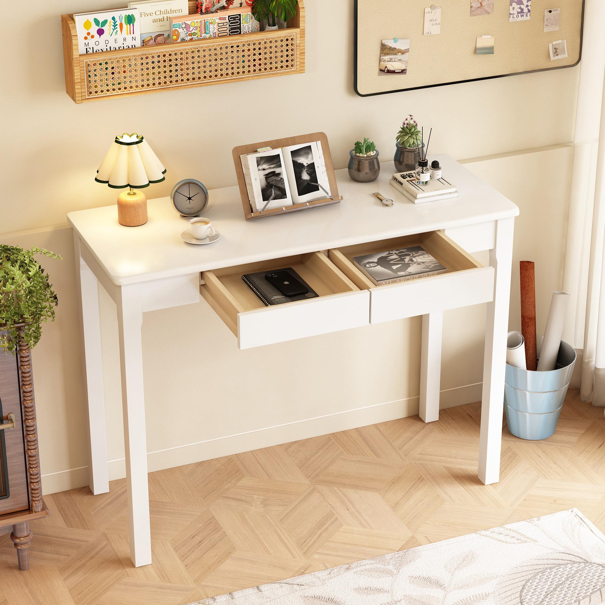 32×16 Inch Walnut Rubberwood Mid Century Narrow Desk with Drawers, Small Writing Table for Bedroom Small Spaces