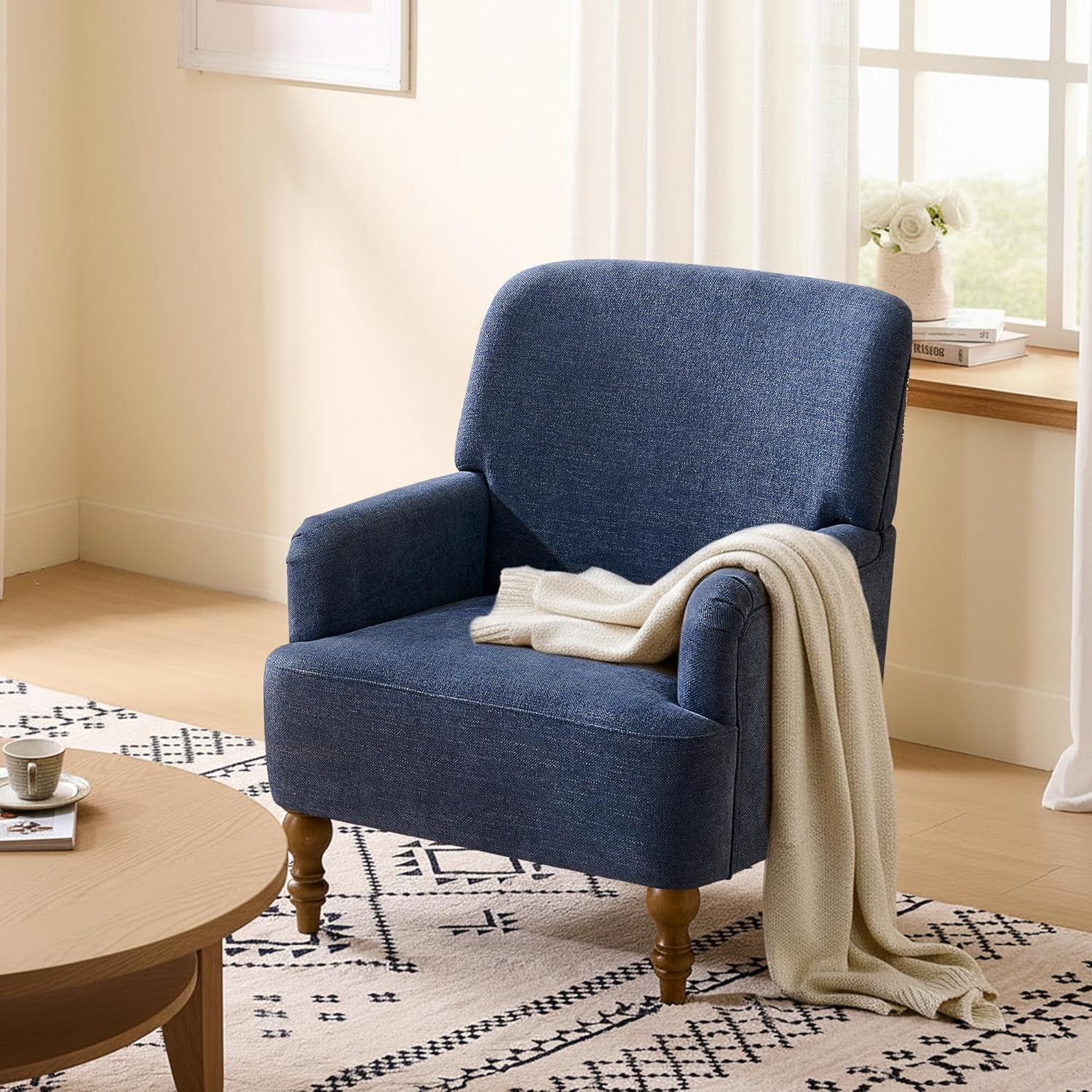 Modern Wingback Accent Chair, Upholstered Fabric Living Room Armchair with Wood Legs, Single Sofa Lounge Chair for Bedroom, Office & Reading Room (1, Blue)