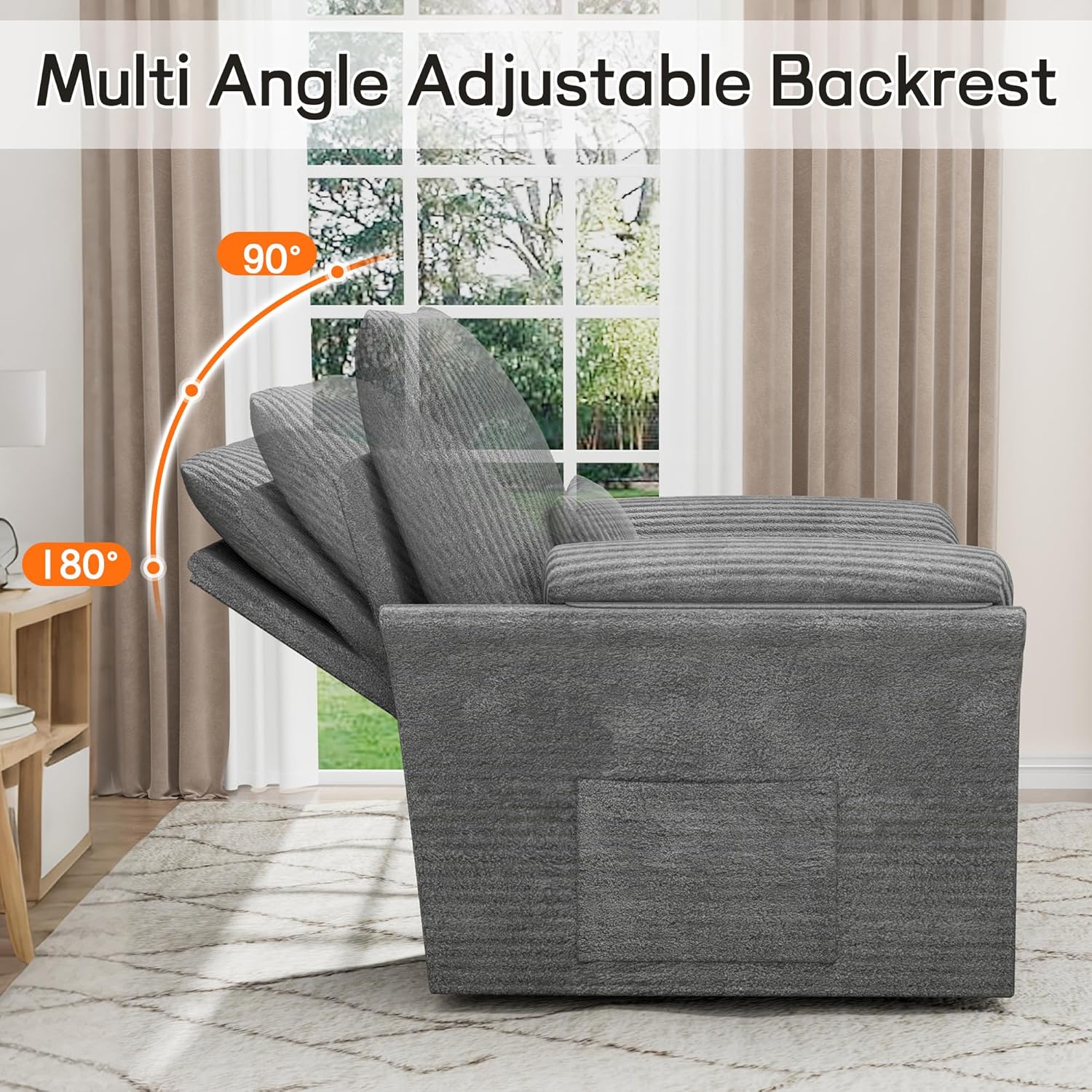 38" Grey Fabric 360 Swivel Armchair with Storage, Adjustable Back & Cushions