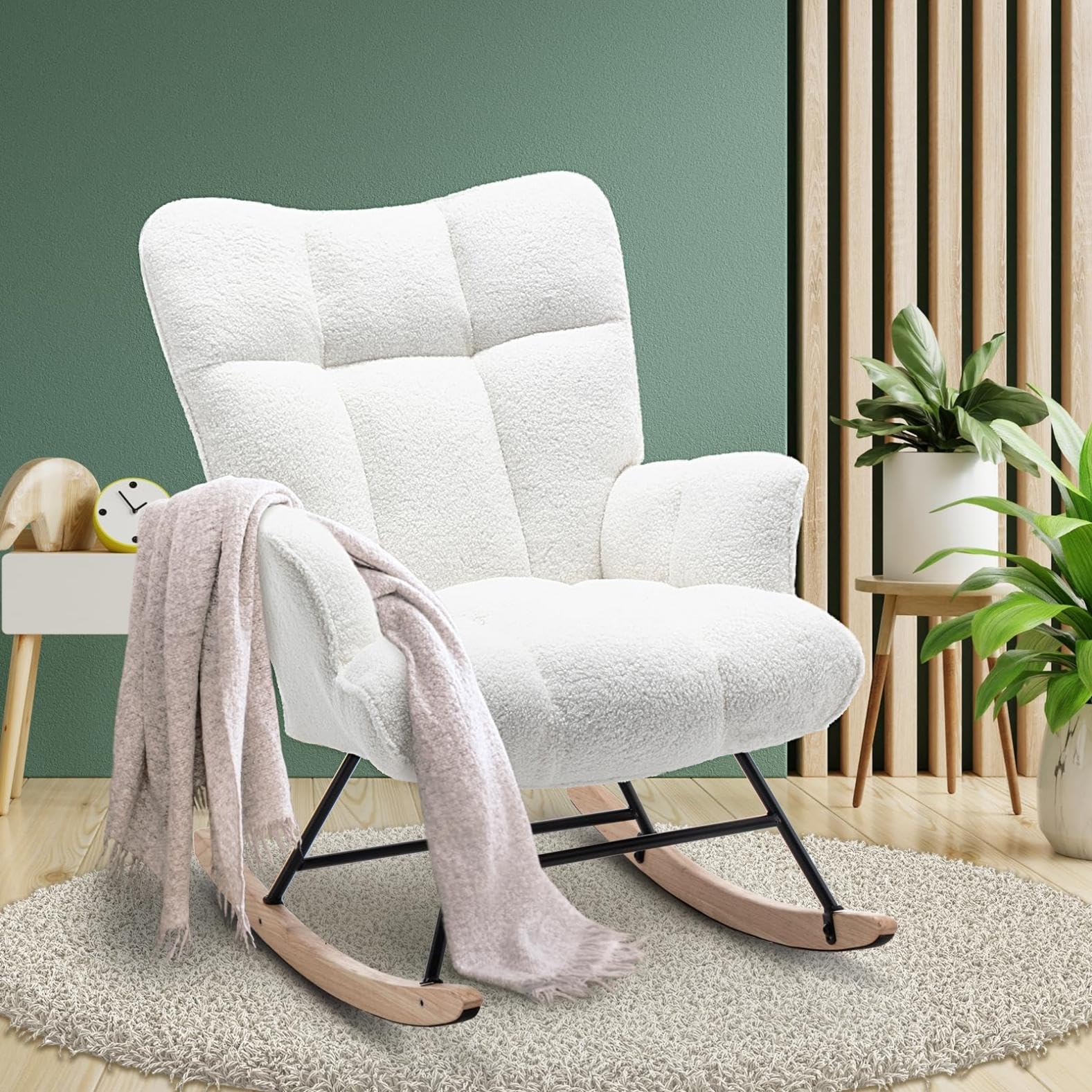 SAETSFEG Rocking Chair Nursery Teddy Upholstered Glider Rocker Rocking Accent Chair Padded Seat with High Backrest Armchair Comfy Side Chair for Living Room Bedroom Offices (Ivory Teddy)
