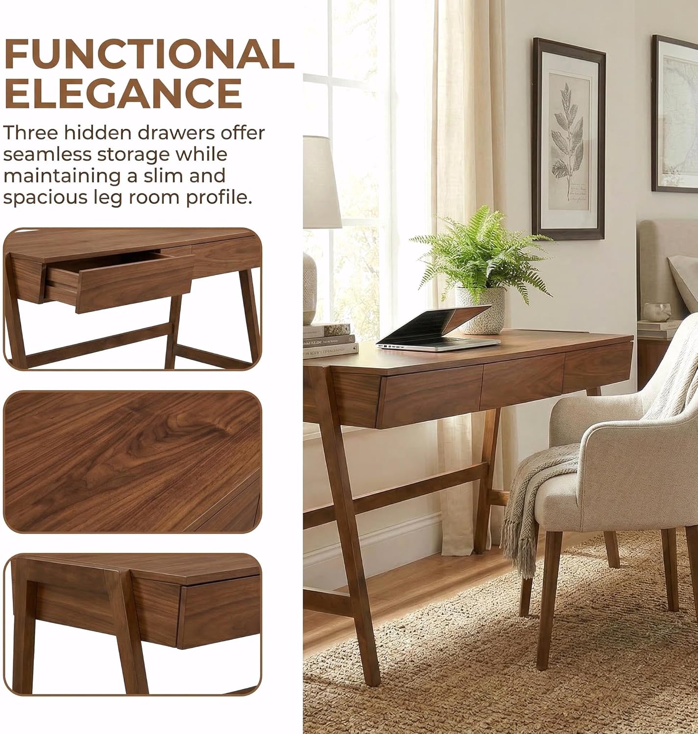 ROCITY Walnut Wood Desk with Drawers Home Office Desk Mid Century Modern Writing Table for Bedroom Vanity Living Room Study Workstation