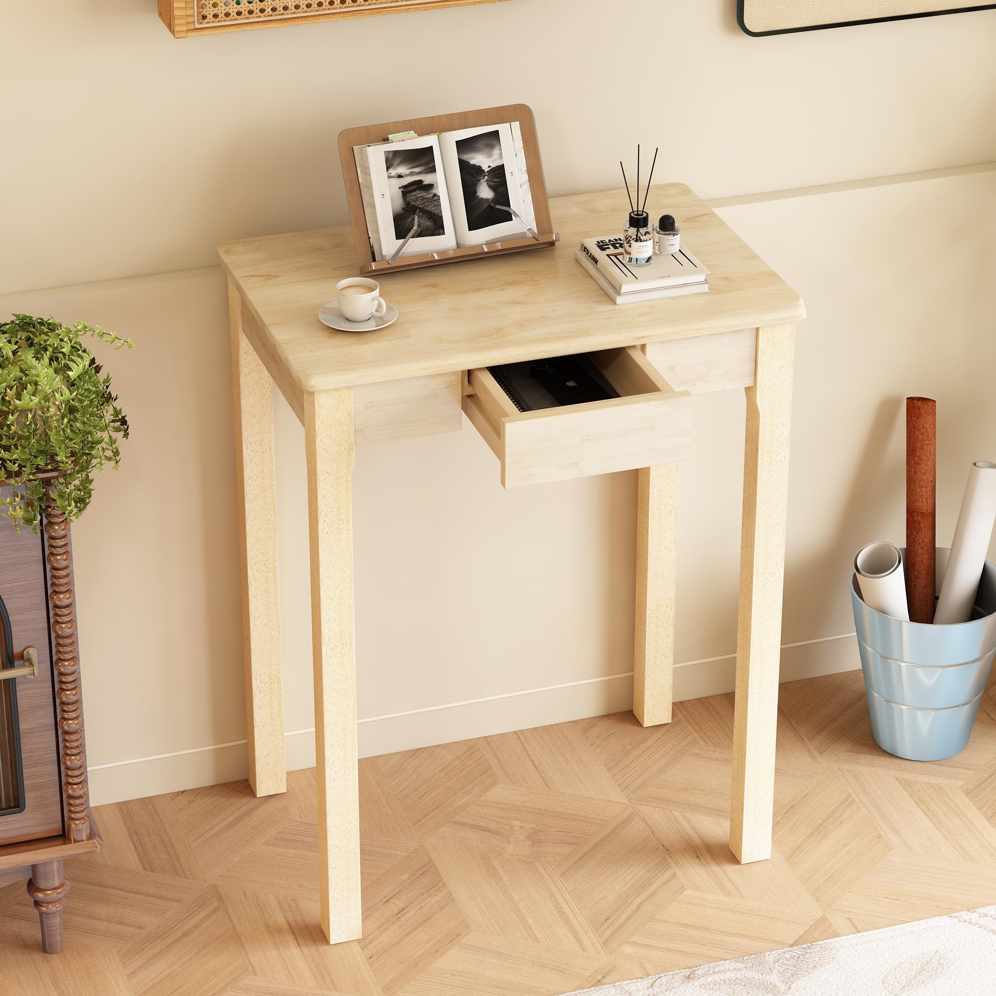 32×16 Inch Walnut Rubberwood Mid Century Narrow Desk with Drawers, Small Writing Table for Bedroom Small Spaces