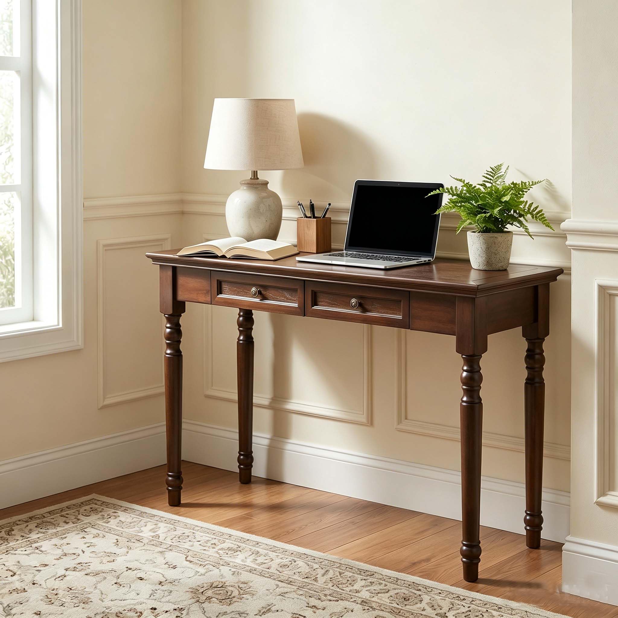 Walnut Writing Desks with Drawers, 35" Solid Wood French Country Style Computer Desk for Home Office, Living Room Study or Workspace