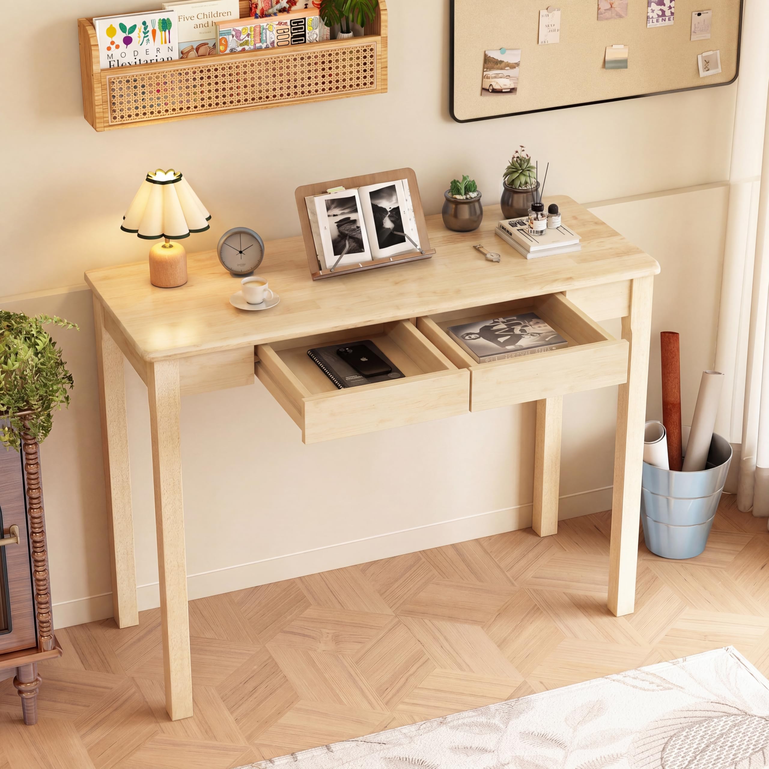 32×16 Inch Walnut Rubberwood Mid Century Narrow Desk with Drawers, Small Writing Table for Bedroom Small Spaces