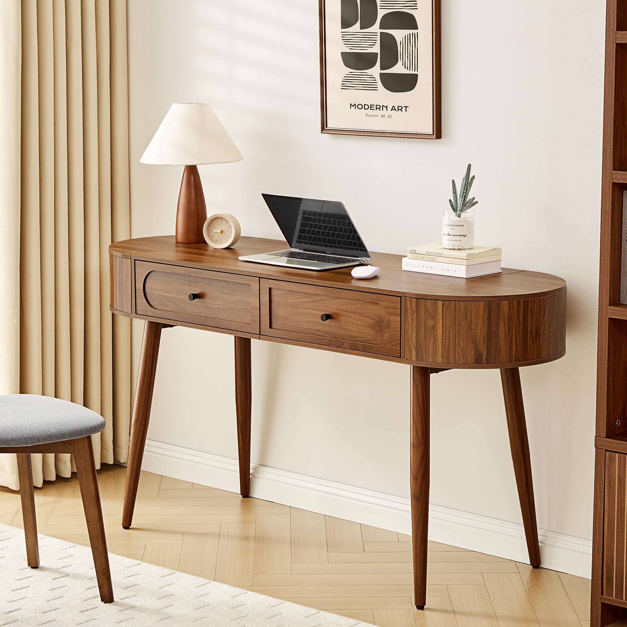 Mid-Century 59" Wood Writing Desk, Home Office Computer Laptop Desk with 2 Flip Storage Space + 2 Drawer, 150 CM Elegant Fluted Vanity Table Multifunctional Study Desk for Office, Bedroom (Wlanut)
