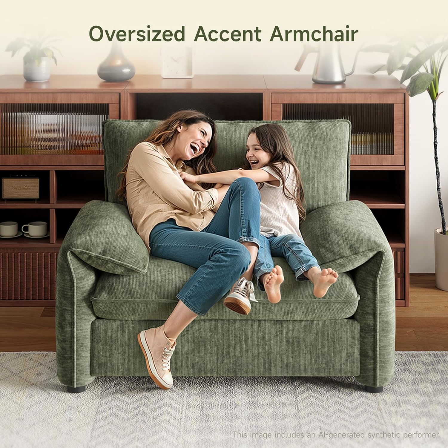 ONBRILL Oversized Accent Chair, 41 Inch Chenille Fabric Armchair, Comfy Single Sofa Chair with Padded Arms, Pocket Spring Cushion, Modern Reading Chair for Living Room, Bedroom, Green
