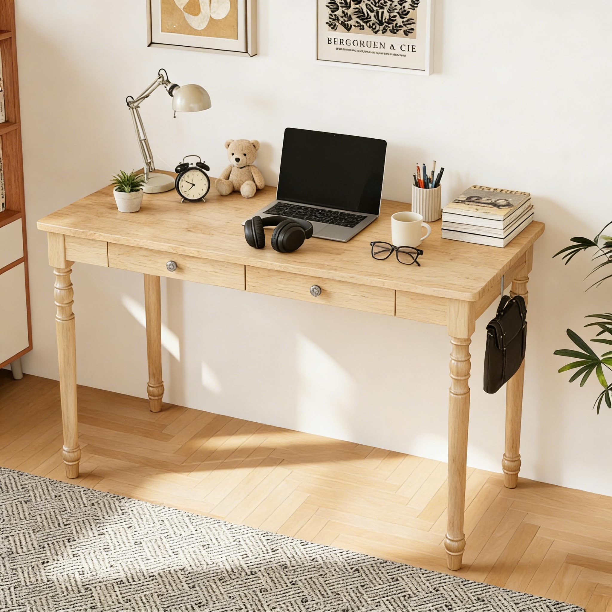47.2 Inch Walnut Solid Wood Vintage Desk with Drawers and Hooks for Bedroom Office