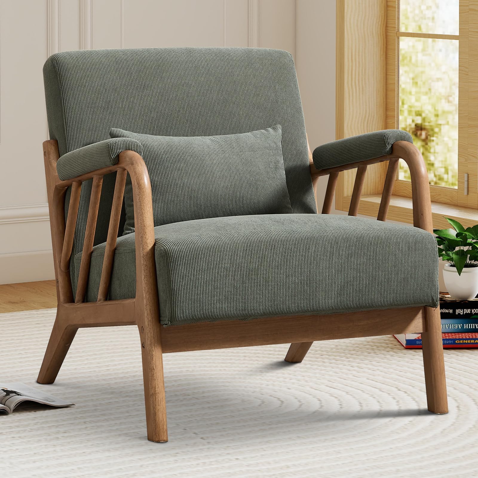 IOMOR Mid Century Modern Accent Chair with Solid Wood Frame Linen Fabric, Upholstered Living Room Chairs with Lumbar Cushion Padded Arms, Reading Armchair for Bedroom (1, Warm Beige)