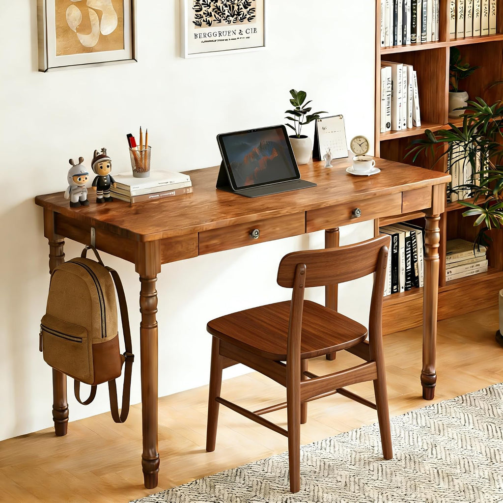 47.2 Inch Walnut Solid Wood Vintage Desk with Drawers and Hooks for Bedroom Office