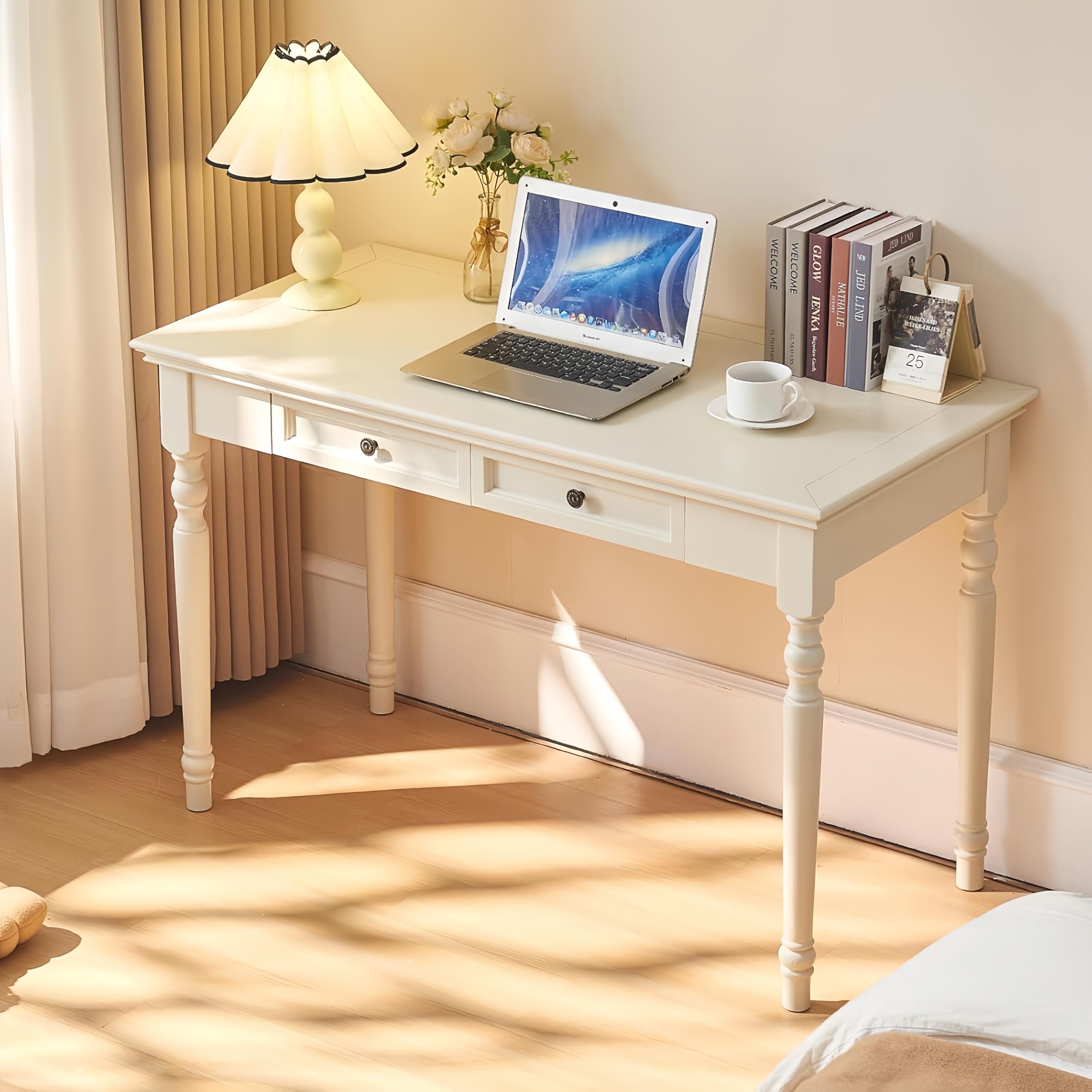 Walnut Writing Desks with Drawers, 35" Solid Wood French Country Style Computer Desk for Home Office, Living Room Study or Workspace