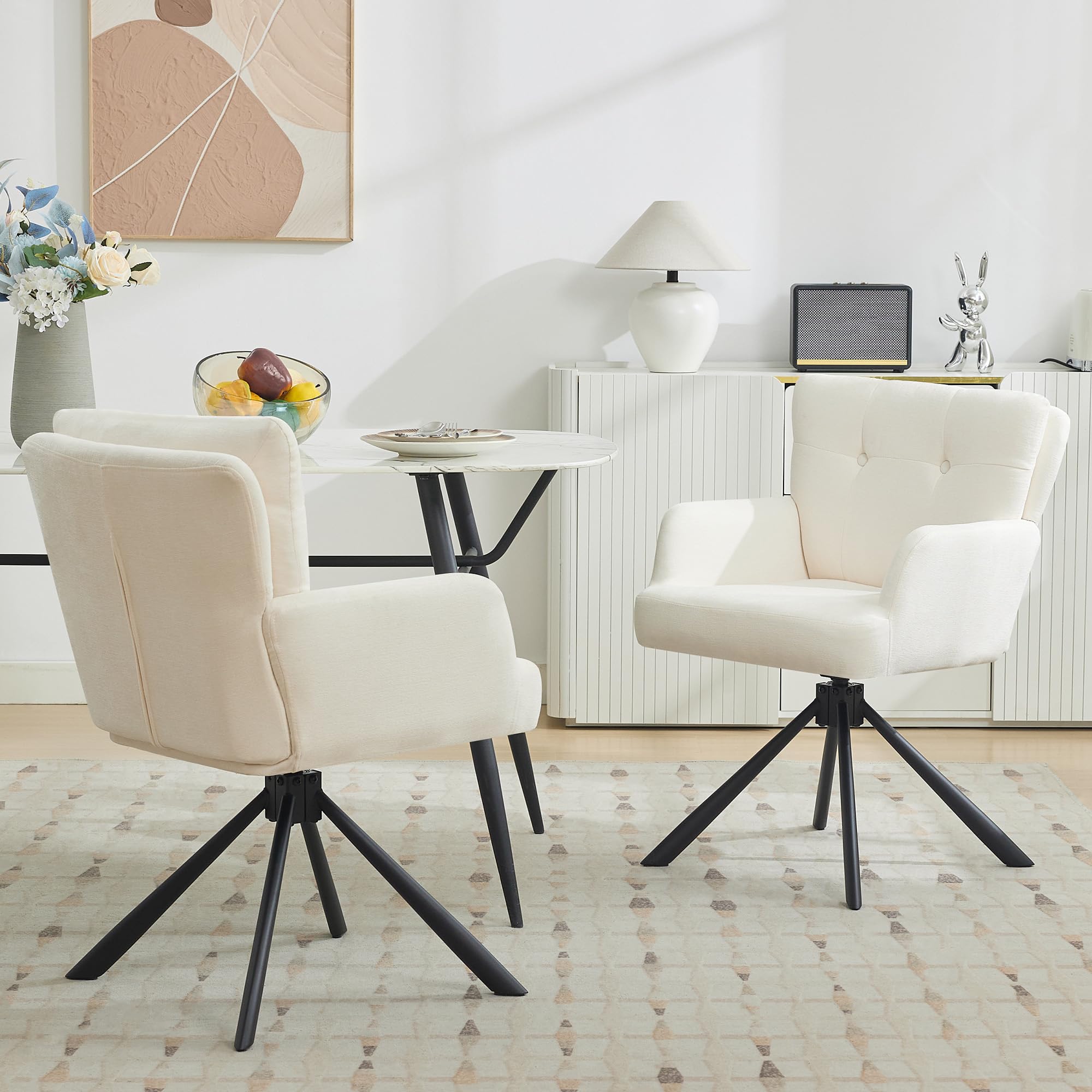 WUTUTUEE Fabric Dining Chair Modern Upholstered Swivel Dining Room Chairs Comfy Accent Armchair with Mid Back, Desk Arm Chair No Wheels for Kitchen/Living Room/Home Office, White