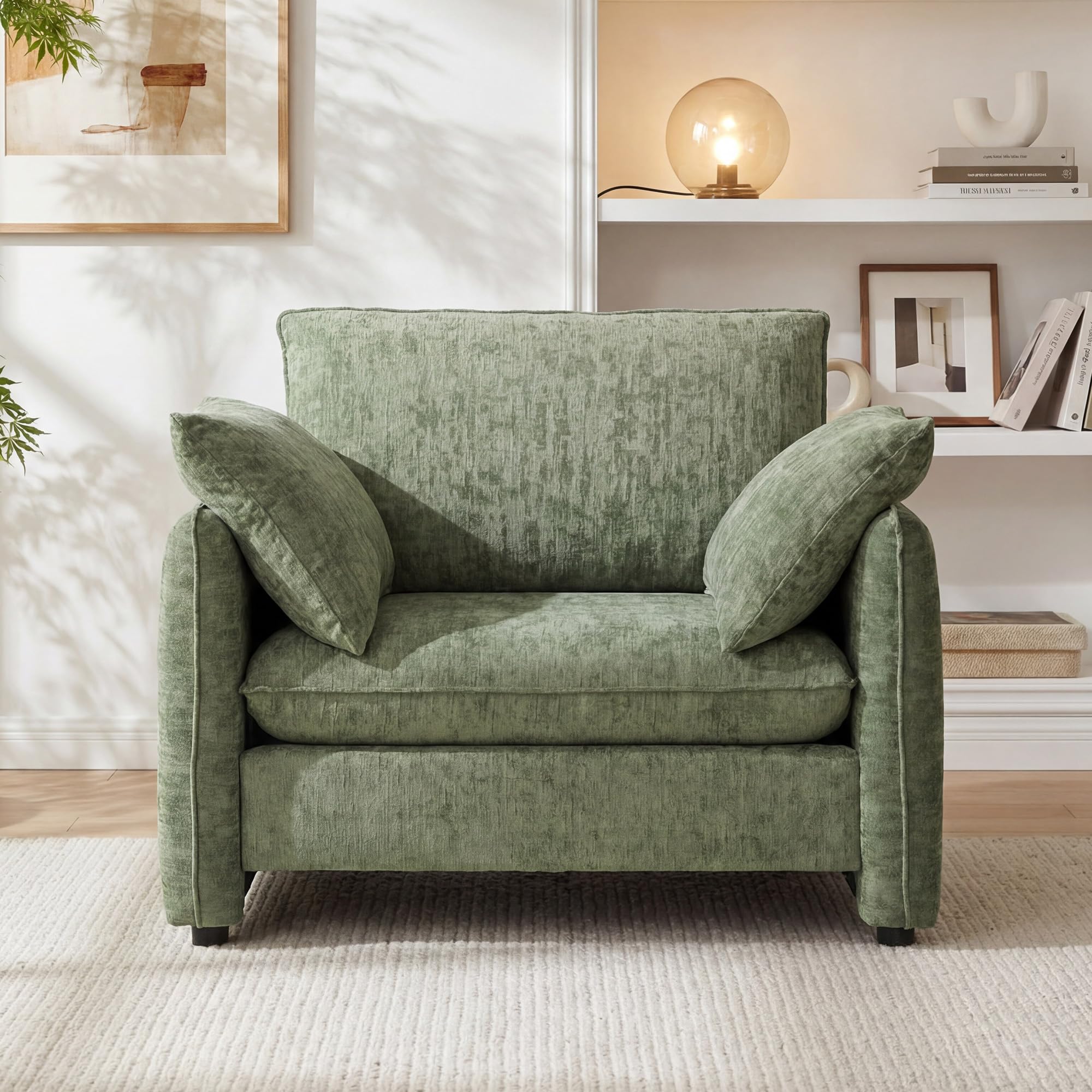 Elegant Oversized Accent Chair, 42.1" Upholstered Modern Piping Single Armchair with Ergonomic Backrest and 2 Pillows for Living Room, Bedroom, Chenille, Green