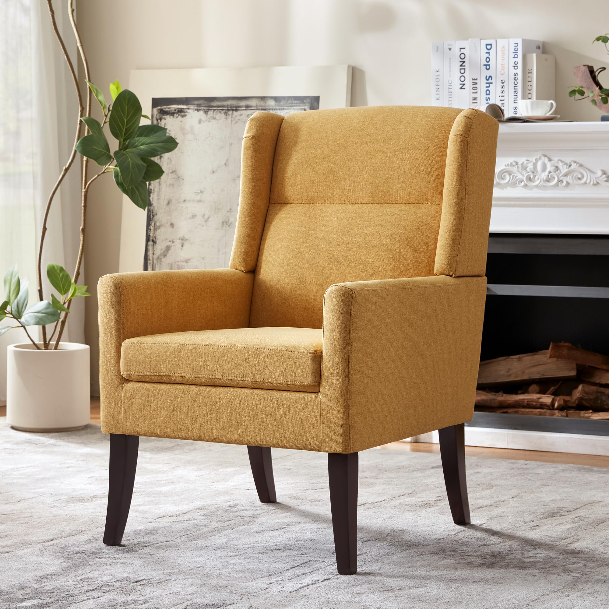 Zihanhome High Back Accent Chair, Fabric Living Room Chairs, Comfy Upholstered Armchair with Wooden Legs for Living Room, Bedroom, Apartment (1, Brown)