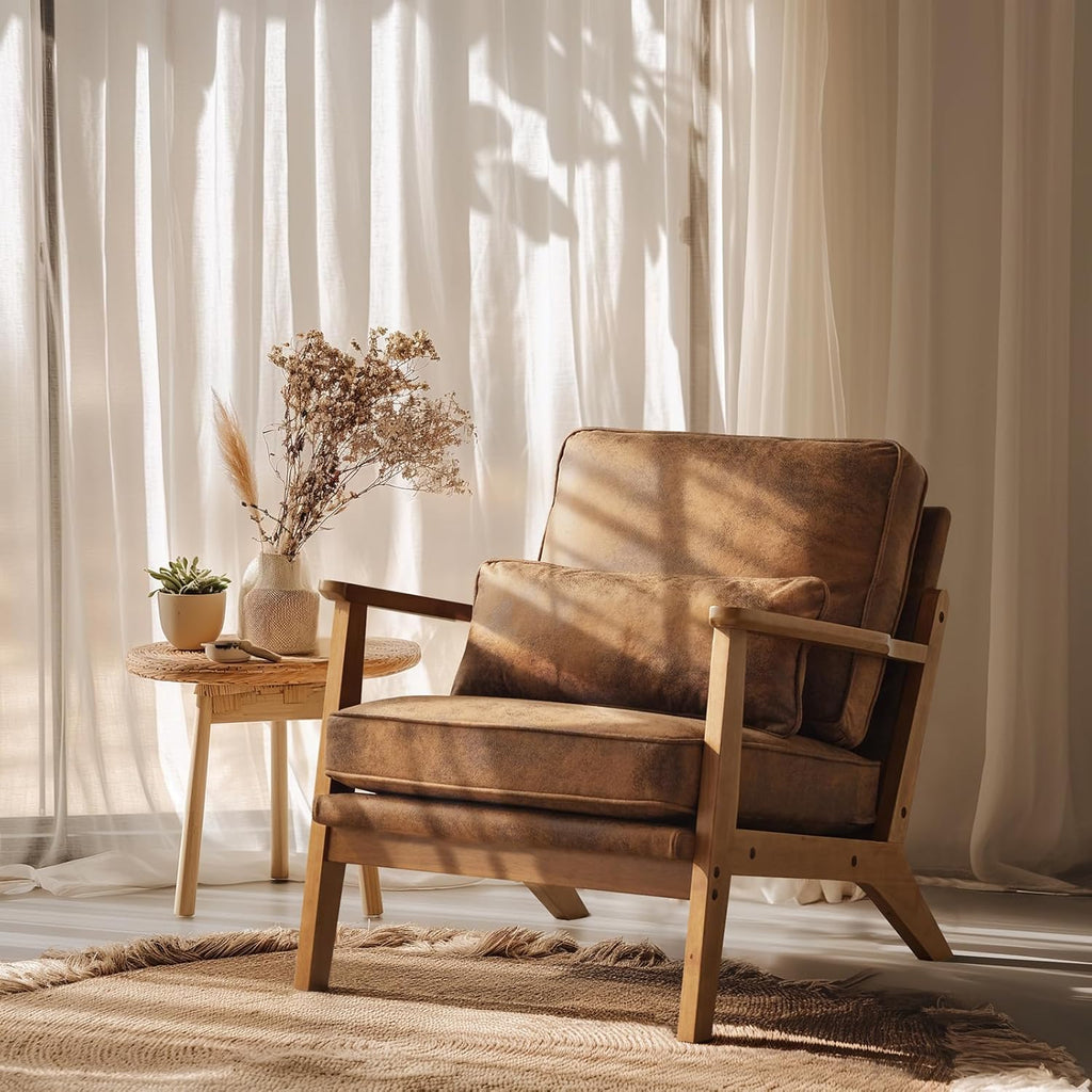 VINGLI Solid Wood Wide Armrests Accent Chair,Upholstered Mid Century Modern Chair with Pillow,Comfy Reading Chair Farmhouse Arm Chair,Chairs Living Room,Bedroom,Guest Room,Suede,Rustic