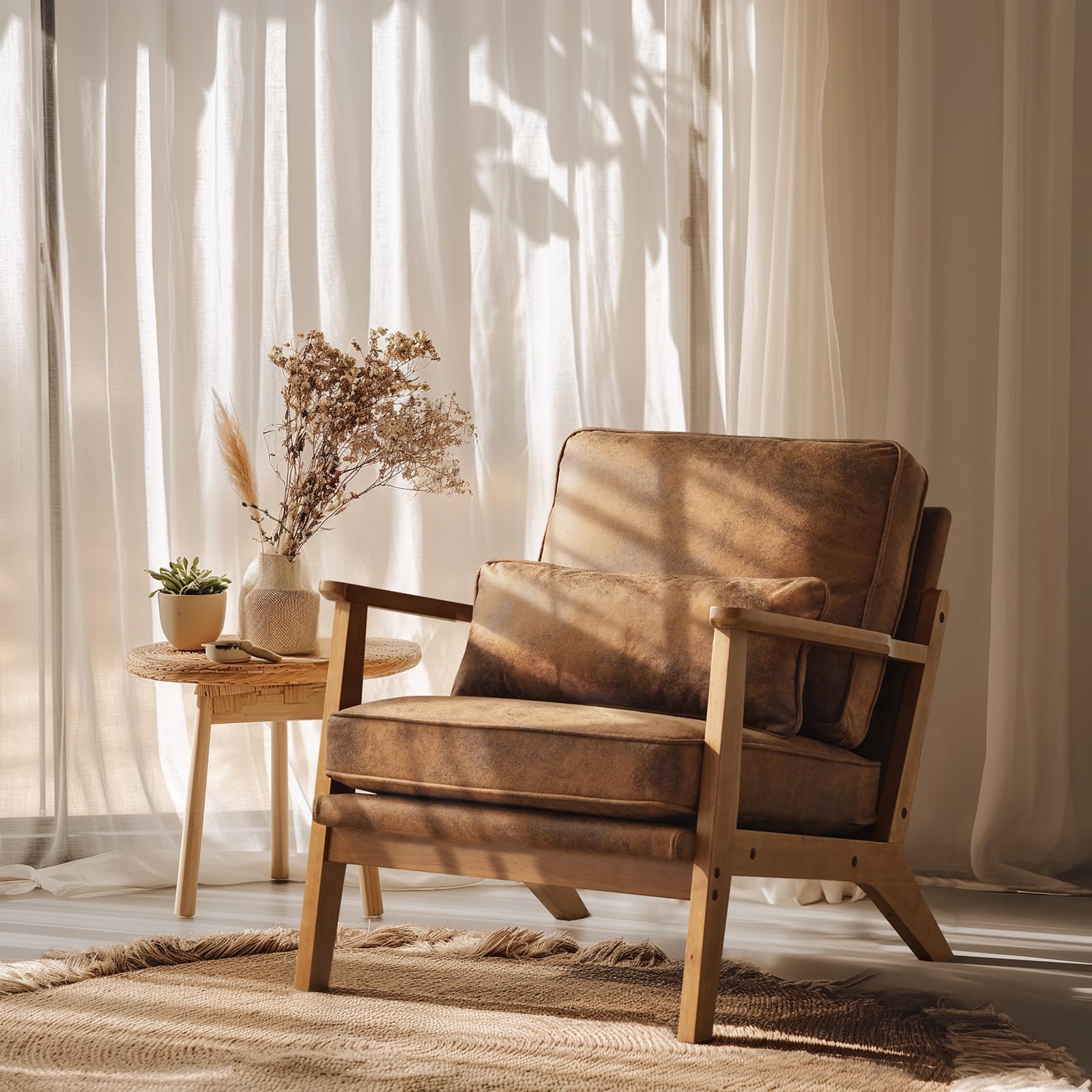 VINGLI Solid Wood Wide Armrests Accent Chair,Upholstered Mid Century Modern Chair with Pillow,Comfy Reading Chair Farmhouse Arm Chair,Chairs Living Room,Bedroom,Guest Room,Suede,Rustic