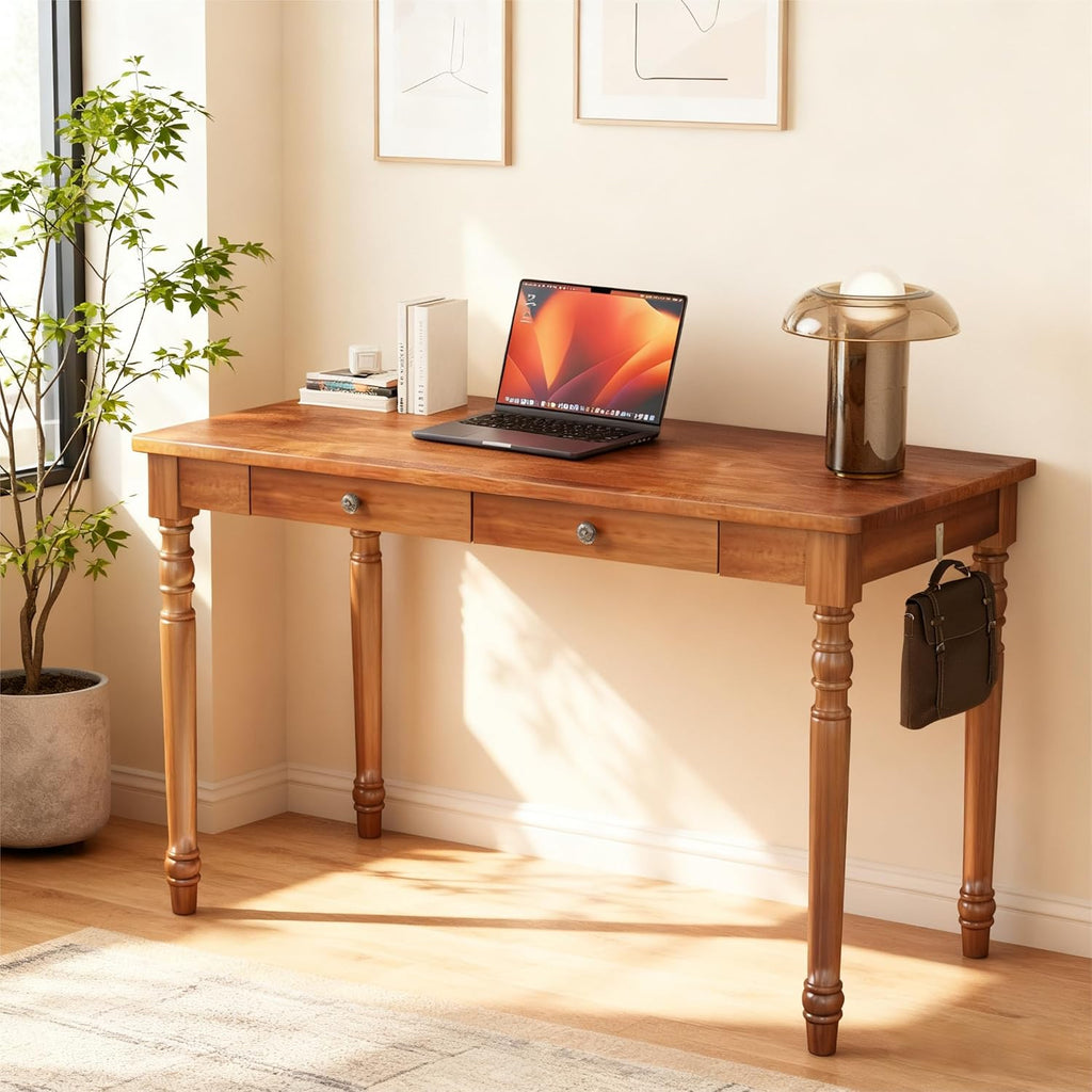 Mid Century Modern Desk, 47" Vintage Solid Wood Desk with 2 Drawers, Boho Writing Desk Computer Table for Home, Office, Bedroom, Living Room