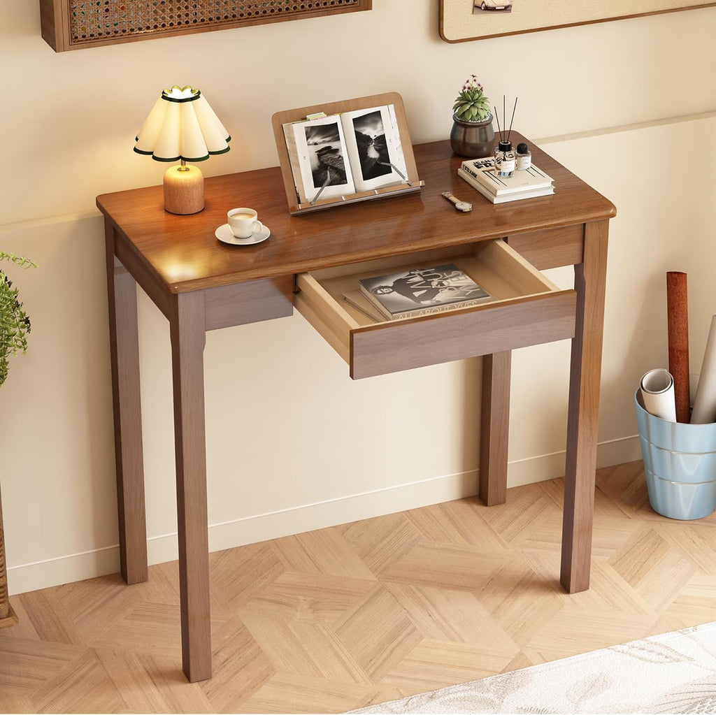 32×16 Inch Walnut Rubberwood Mid Century Narrow Desk with Drawers, Small Writing Table for Bedroom Small Spaces