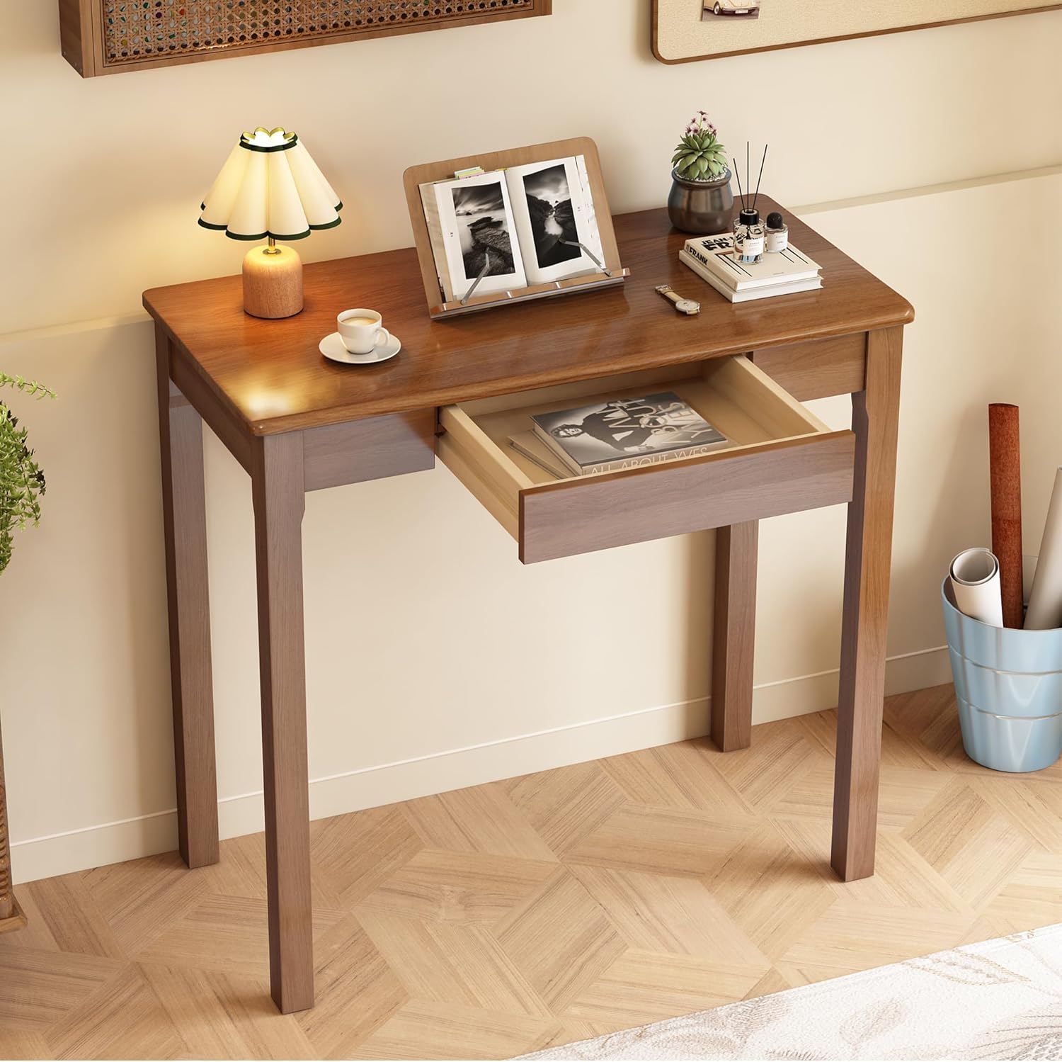 32×16 Inch Walnut Rubberwood Mid Century Narrow Desk with Drawers, Small Writing Table for Bedroom Small Spaces