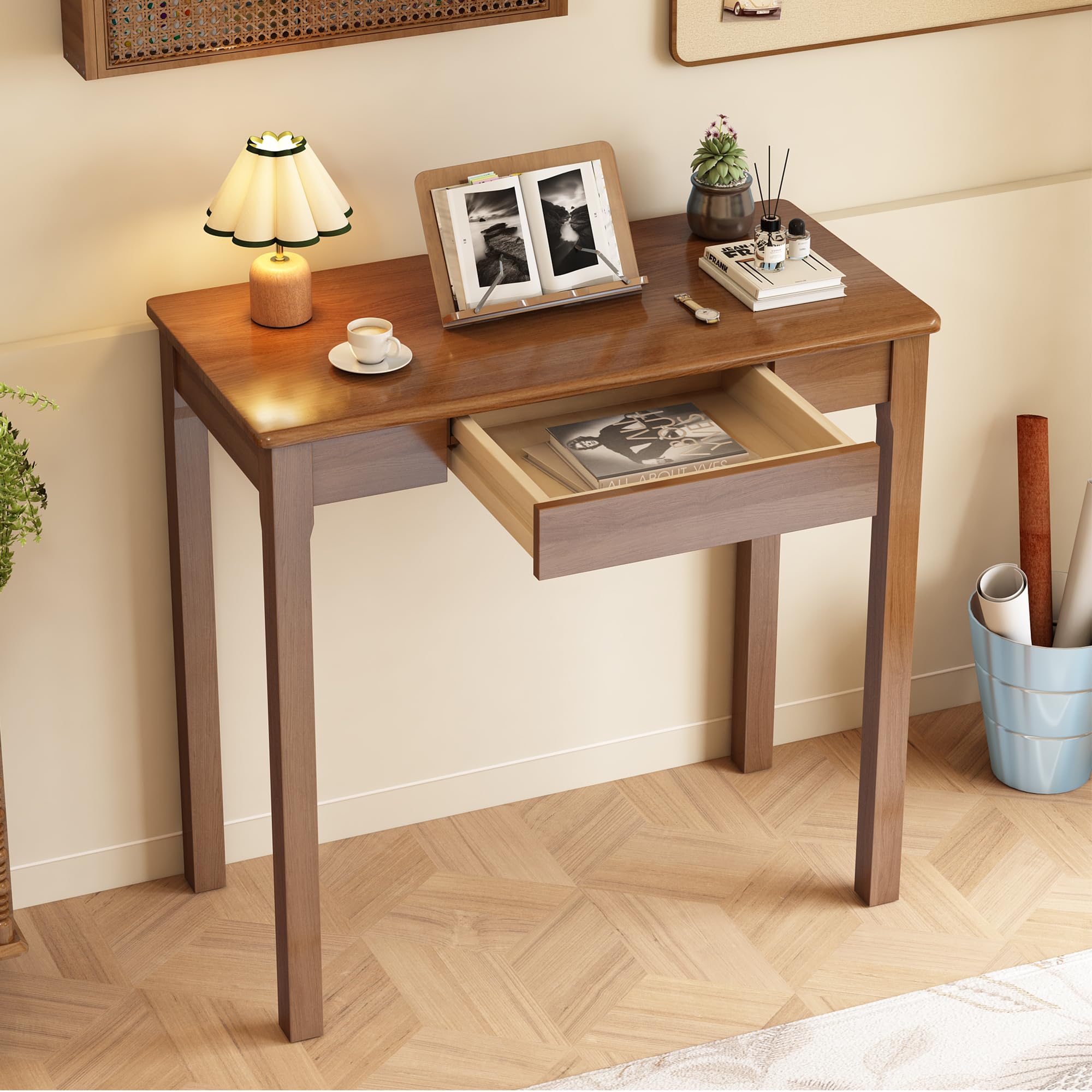 32×16 Inch Walnut Rubberwood Mid Century Narrow Desk with Drawers, Small Writing Table for Bedroom Small Spaces