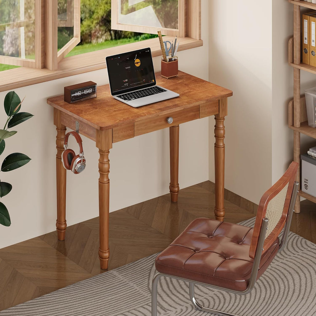 Vintage Solid Wood Writing Desk - 31.5" Mid Century Modern Desk with Drawer, Small Wooden Computer Desks for Home Office, Secretary Desks, Traditional Vanity Dressing Table for Bedroom, Walnut